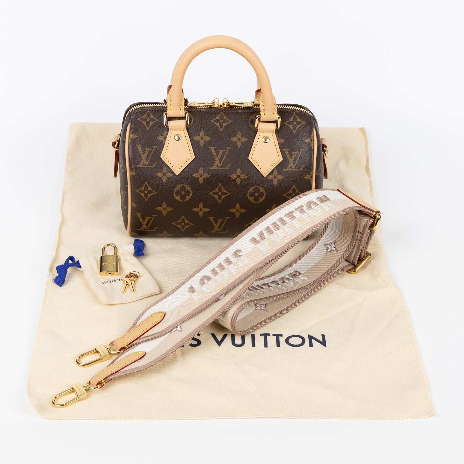 路易威登 LOUIS VUITTON Speedy Bandoulière 20 米色 帆布 手提 斜背 波士頓包 M46222 晶片款  防塵袋/鎖組/背帶