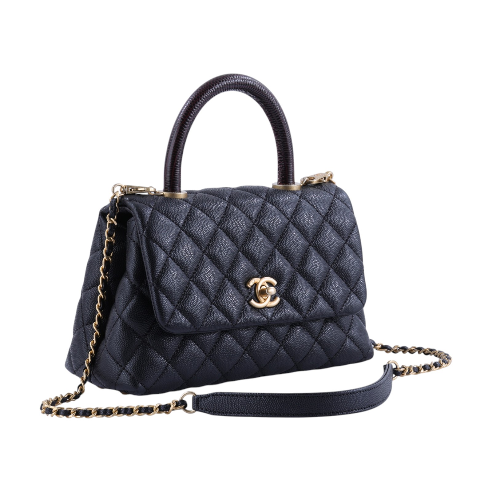 香奈兒 CHANEL Handle 24 手提 口蓋包 A92990 29開黑金荔枝COCO HANDLE24 保證卡/背帶
