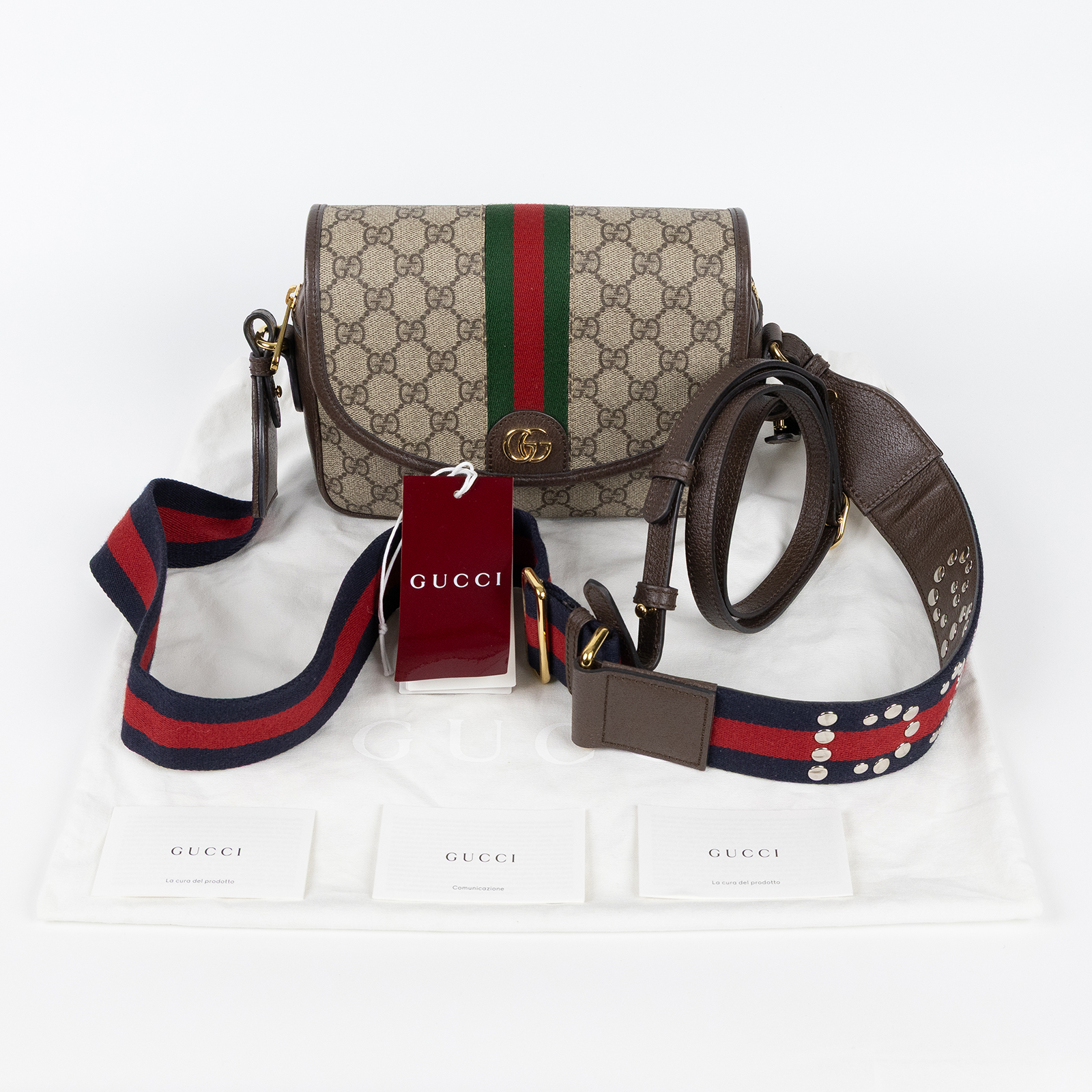 古馳 GUCCI Ophidia 小型 斜背包 722117 FAAX3 棕OPHIDIA鉚釘寬背帶單肩包 防塵袋/背帶