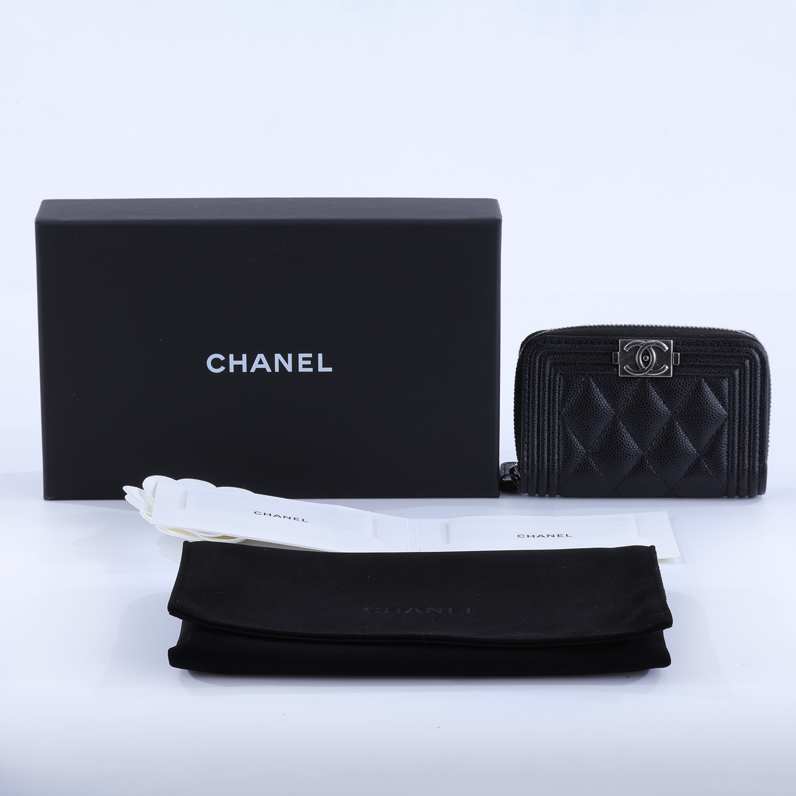 香奈兒 CHANEL BOY 拉鍊 零錢包 A80602 晶片款 黑荔枝BOY卡包 原廠盒子/防塵袋