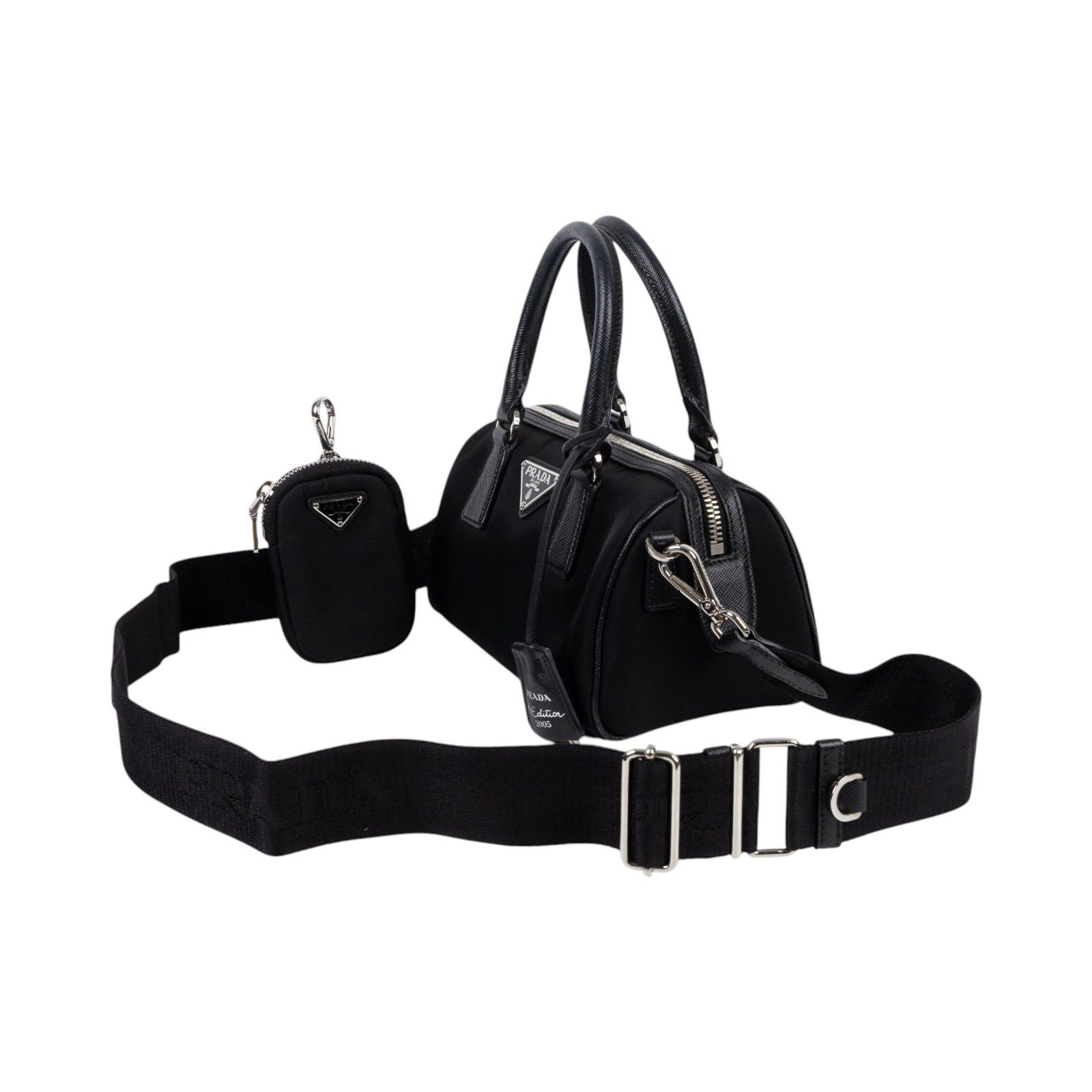 普拉達 PRADA Re-Edition 2005 Nylon 波士頓包 1BB846_064 黑尼龍波士頓包 背帶/小包/鎖組/鑰匙吊牌