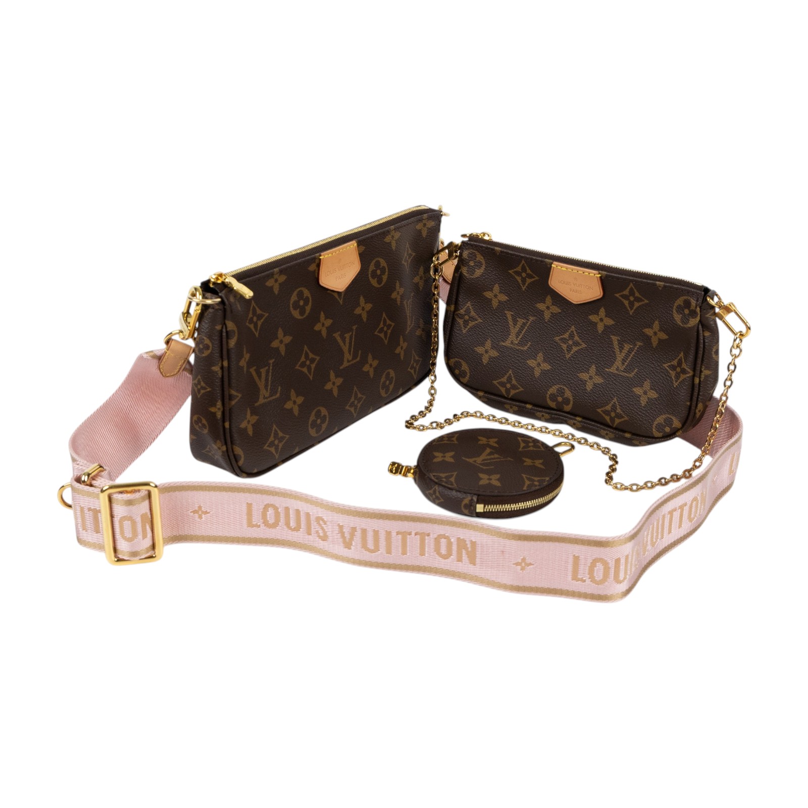 路易威登 LOUIS VUITTON Multi Pochette Accessoires 淺粉 三合一 肩背 方包 M44840  防塵袋/背帶/鍊帶/零錢袋