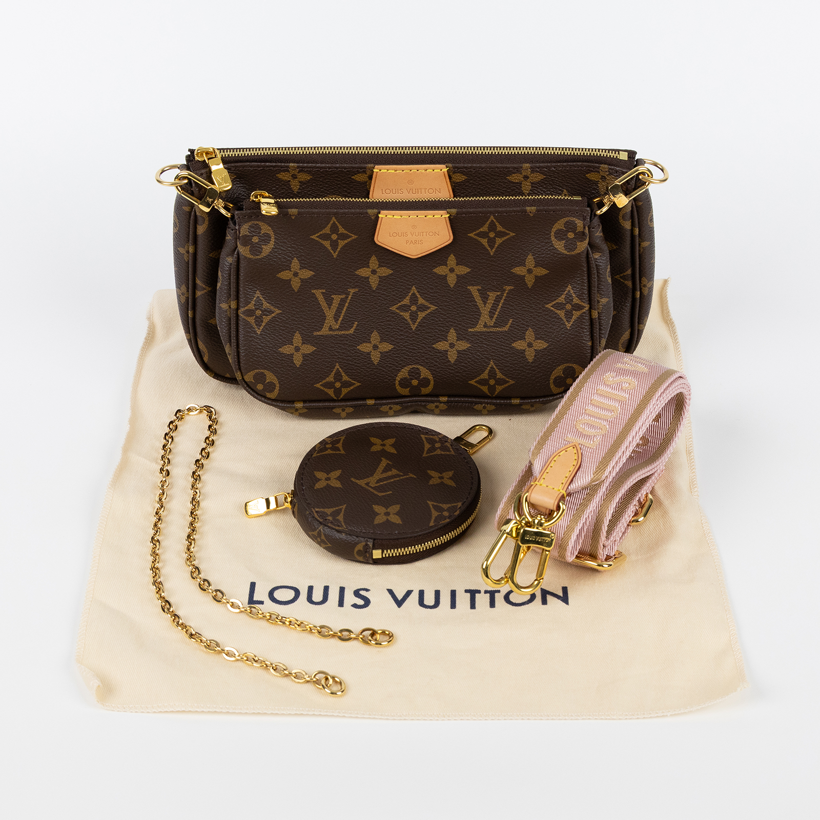 路易威登 LOUIS VUITTON Multi Pochette Accessoires 淺粉 三合一 肩背 方包 M44840  防塵袋/背帶/鍊帶/零錢袋