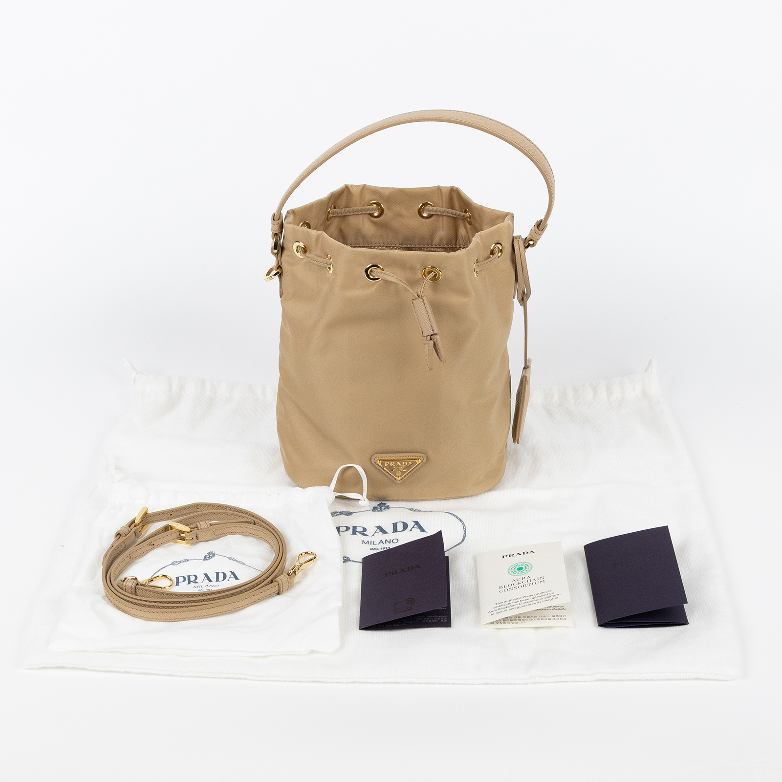 普拉達 PRADA Re-Edition 1978 Re-Nylon 迷你袋 1BE067_R064 奶茶迷你水桶包 防塵袋/背帶