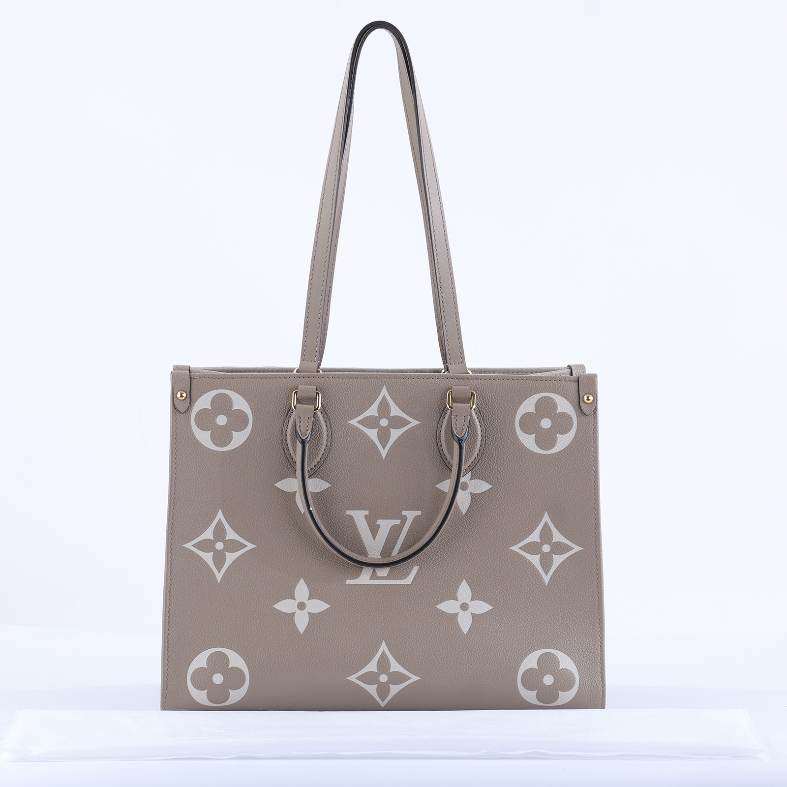 路易威登 LOUIS VUITTON OnTheGo MM 手提包 壓花粒面牛皮 斑鳩灰色 奶油色 M45494 晶片款 斑鳩灰ONTHEGO MM 無附屬品