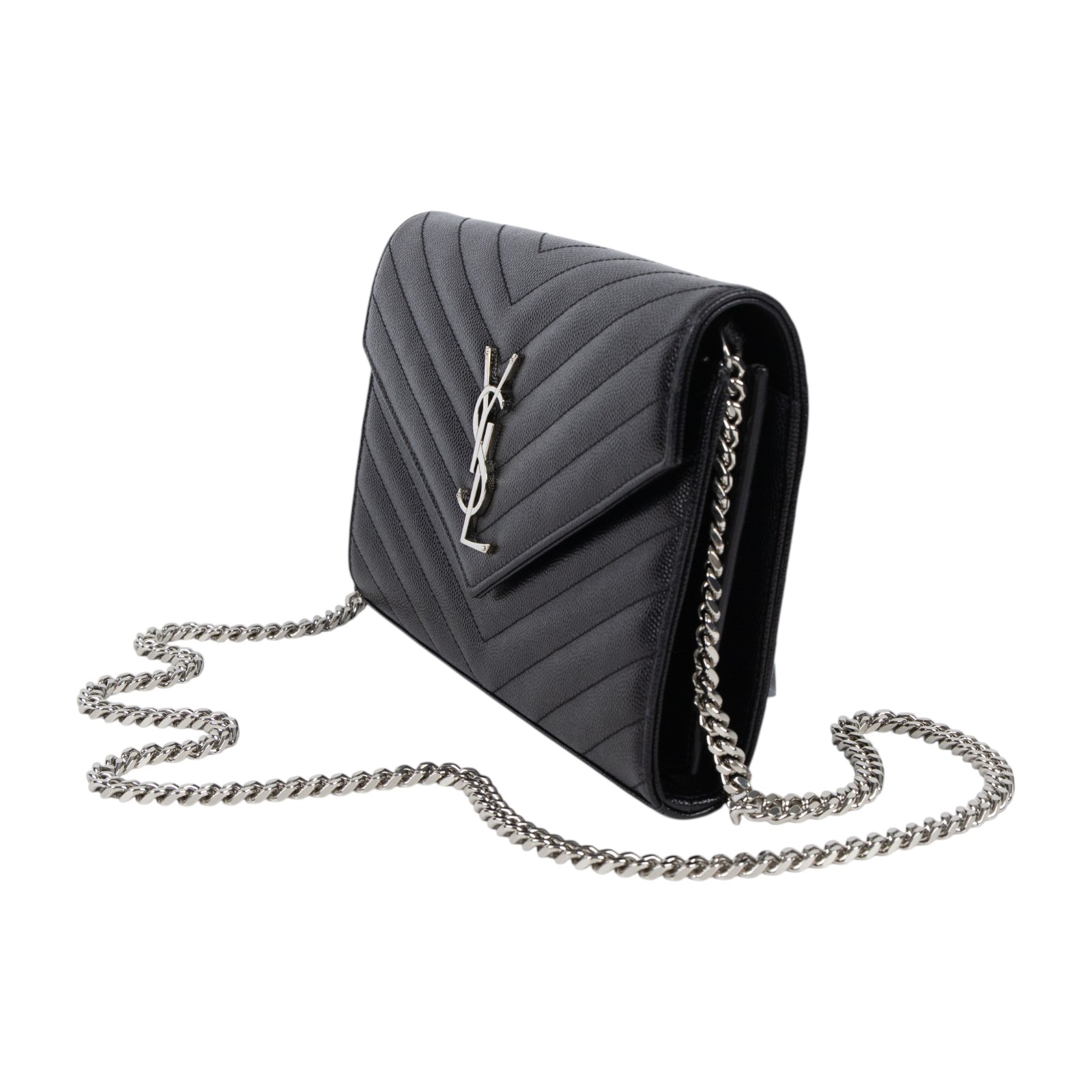 聖羅蘭 YSL SAINT LAURENT Cassandre 經典粒面皮革 鏈條 錢包 銀色五金 377828BOW02 黑銀魚子醬WOC 防塵袋