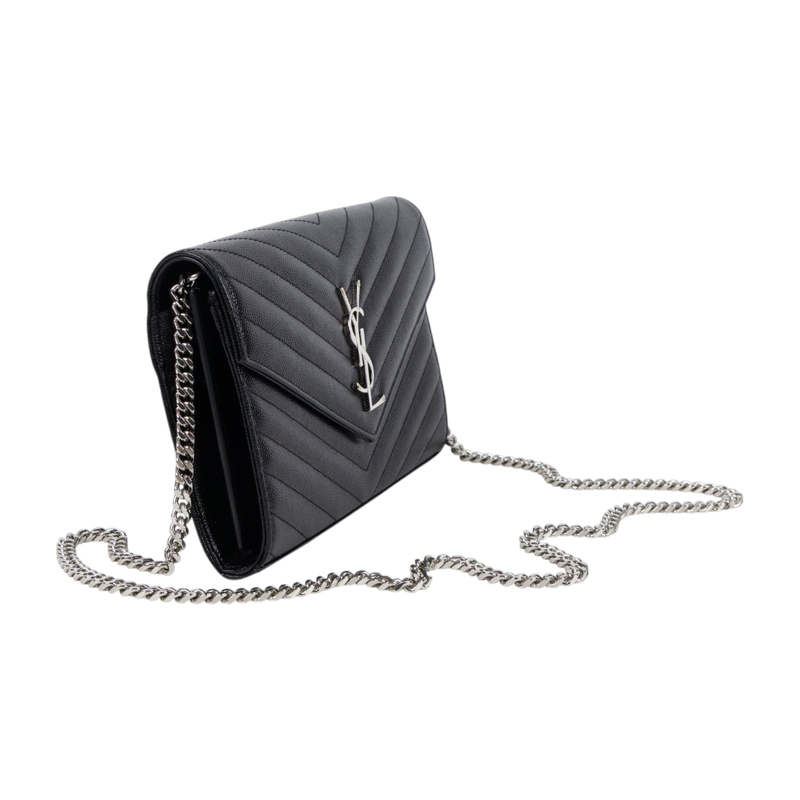 聖羅蘭 YSL SAINT LAURENT Cassandre 經典粒面皮革 鏈條 錢包 銀色五金 377828BOW02 黑銀魚子醬WOC 防塵袋