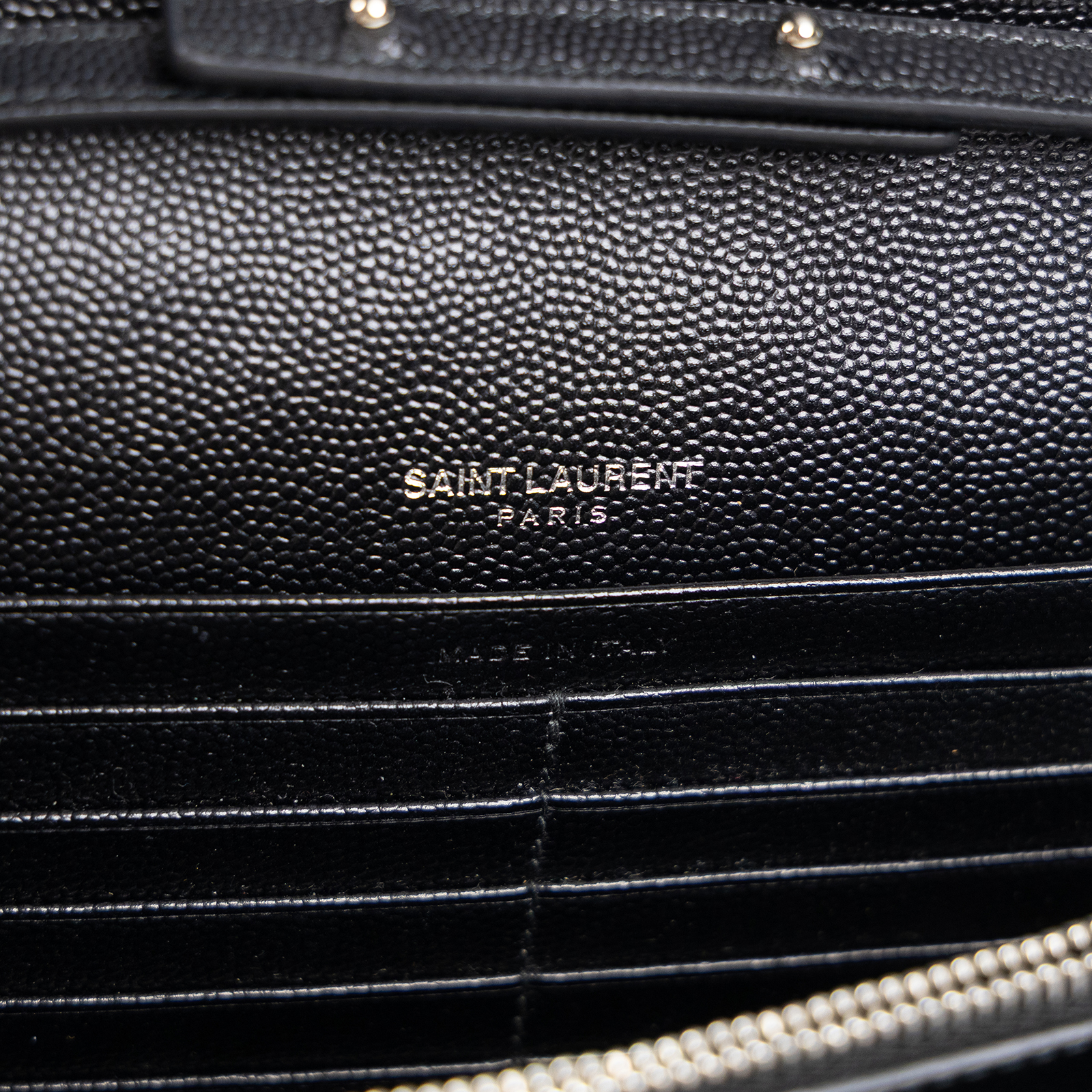 聖羅蘭 YSL SAINT LAURENT Cassandre 經典粒面皮革 鏈條 錢包 銀色五金 377828BOW02 黑銀魚子醬WOC 防塵袋