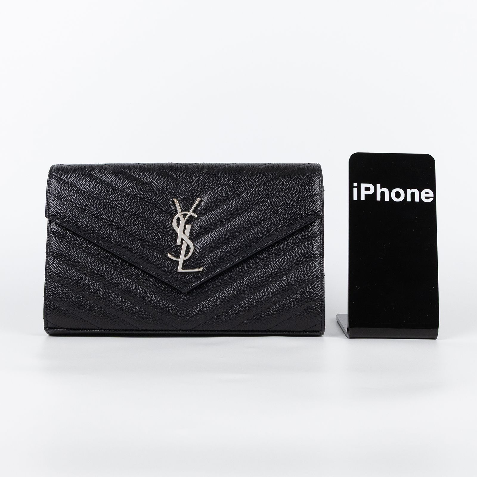 聖羅蘭 YSL SAINT LAURENT Cassandre 經典粒面皮革 鏈條 錢包 銀色五金 377828BOW02 黑銀魚子醬WOC 防塵袋