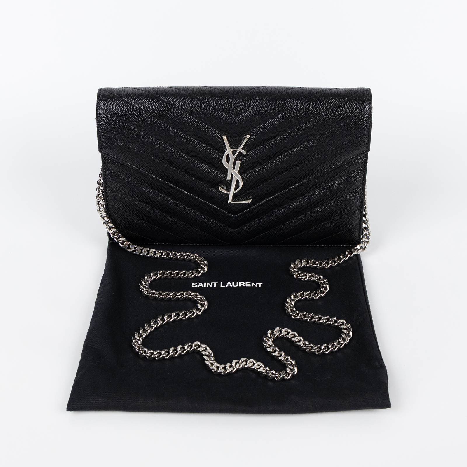 聖羅蘭 YSL SAINT LAURENT Cassandre 經典粒面皮革 鏈條 錢包 銀色五金 377828BOW02 黑銀魚子醬WOC 防塵袋