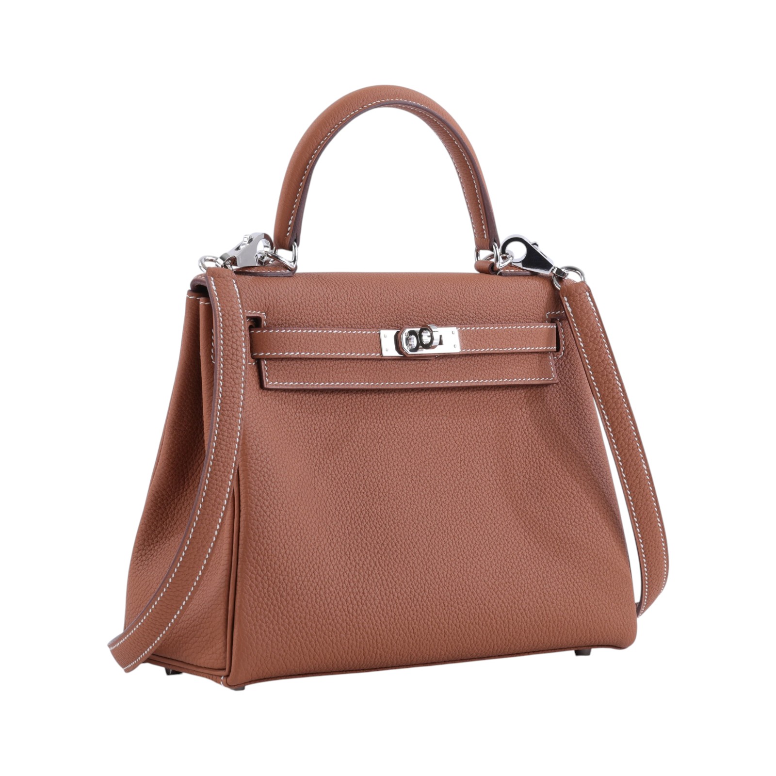 愛馬仕 Hermes Kelly II Retourne 25 銀色五金 金棕色 H044624CK37 H044624CK  原廠盒子/防塵袋/購買證明/鎖組/雨衣/背帶