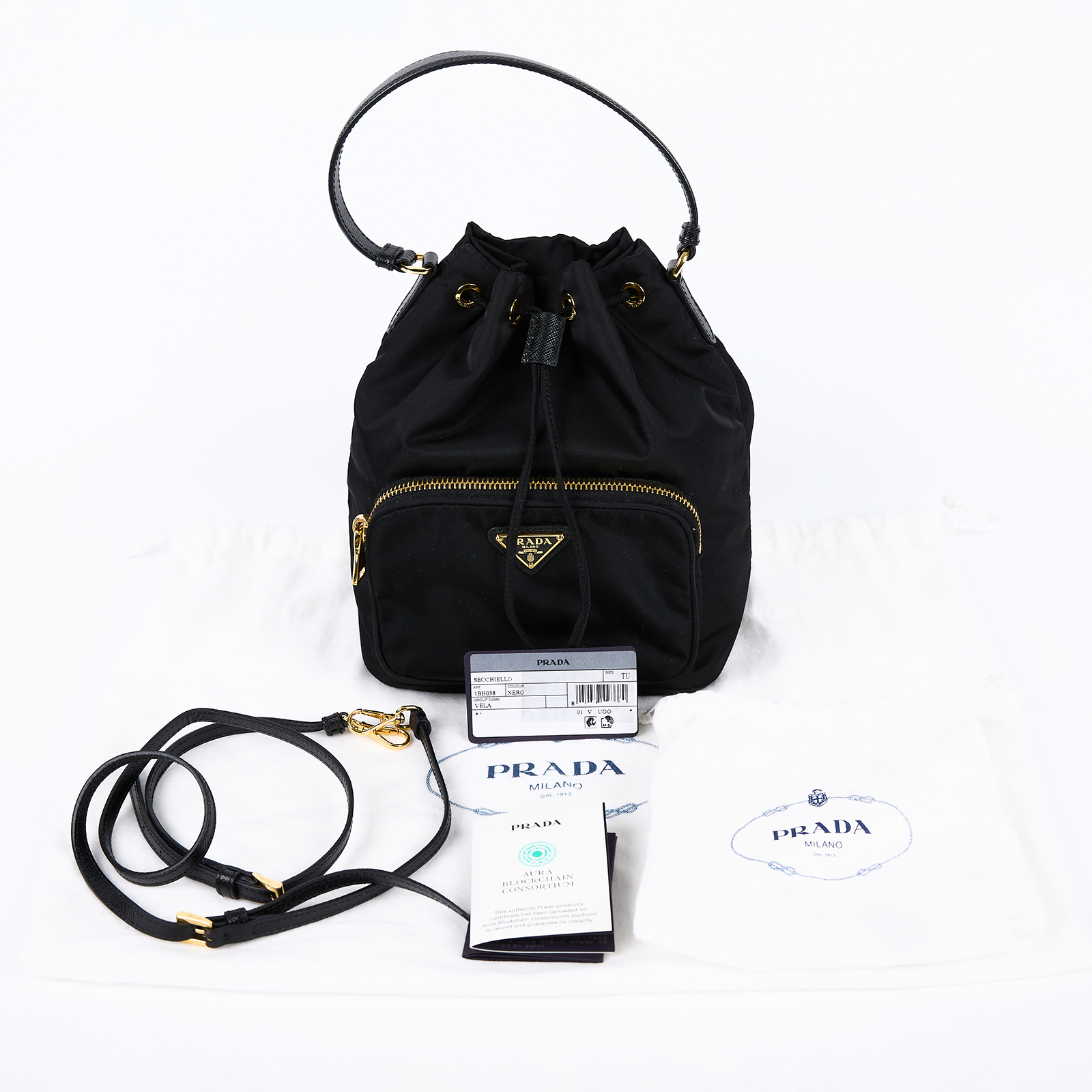 普拉達 PRADA Duet Re-Nylon 水桶袋 1BH038_RV44 黑尼龍水桶包 防塵袋/背帶