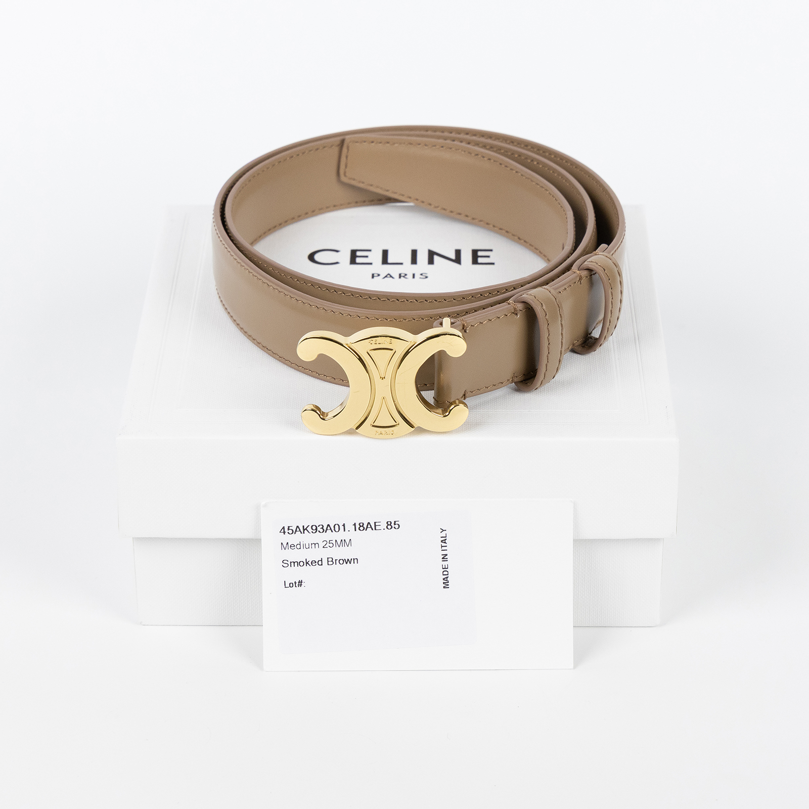 思琳 CELINE Triomphe 25毫米 腰帶 皮帶 45AK93A01_85 SMOKED BROWN金色凱旋皮帶 25MM 原廠盒子