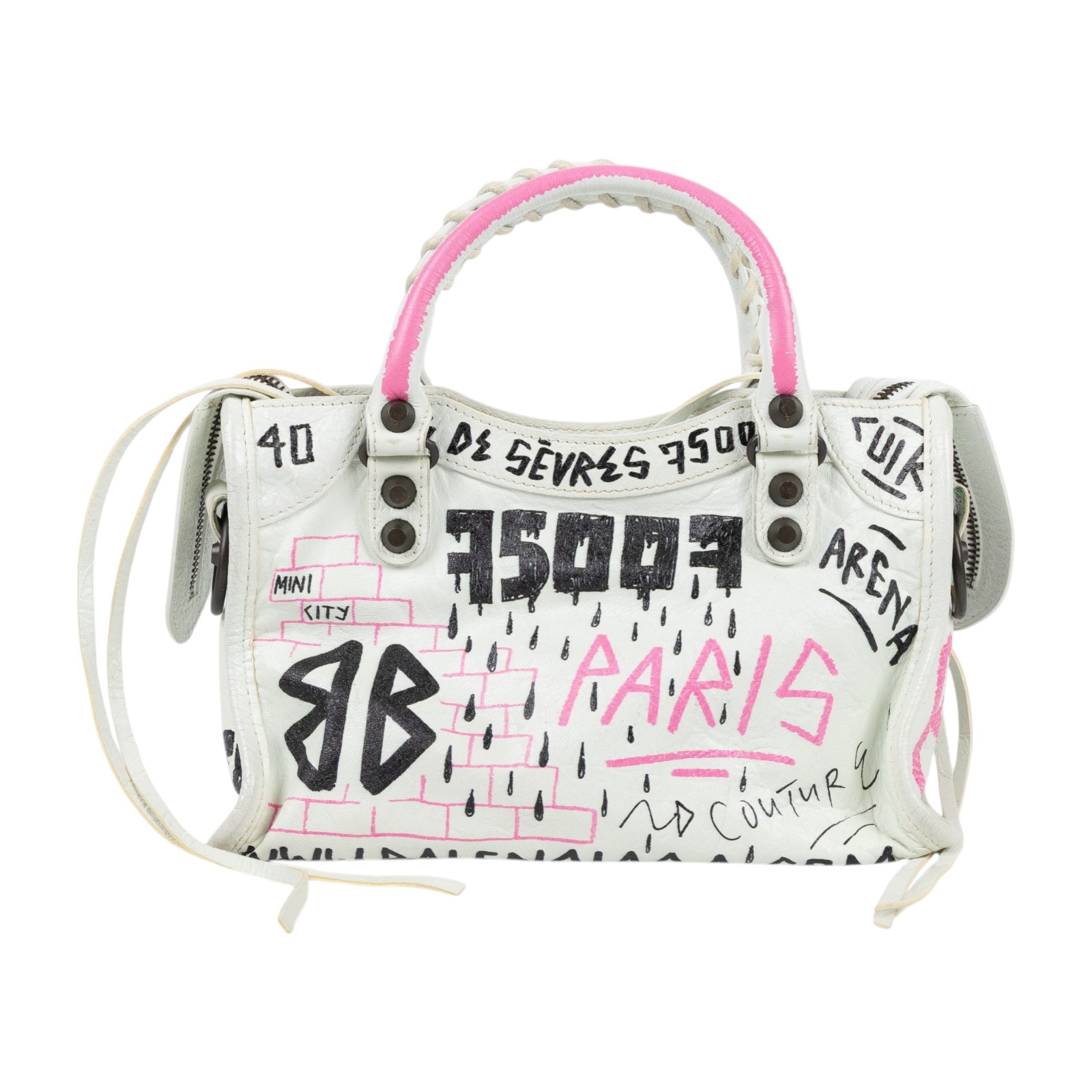 巴黎世家 BALENCIAGA Mini City 機車包 3002950FEIT 白塗鴉CITY MINI 防塵袋/背帶/鏡子
