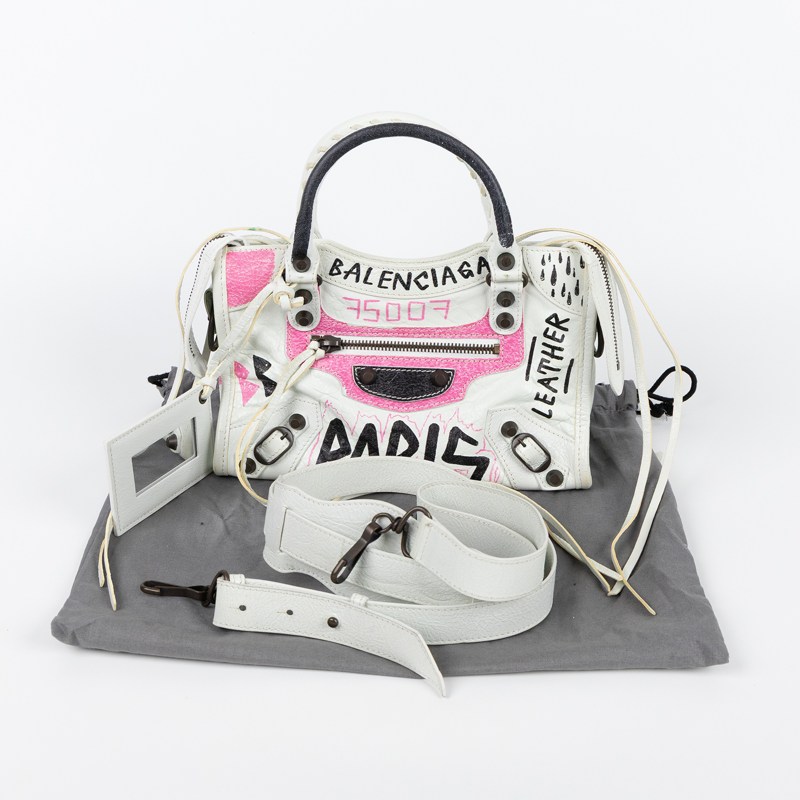 巴黎世家 BALENCIAGA Mini City 機車包 3002950FEIT 白塗鴉CITY MINI 防塵袋/背帶/鏡子
