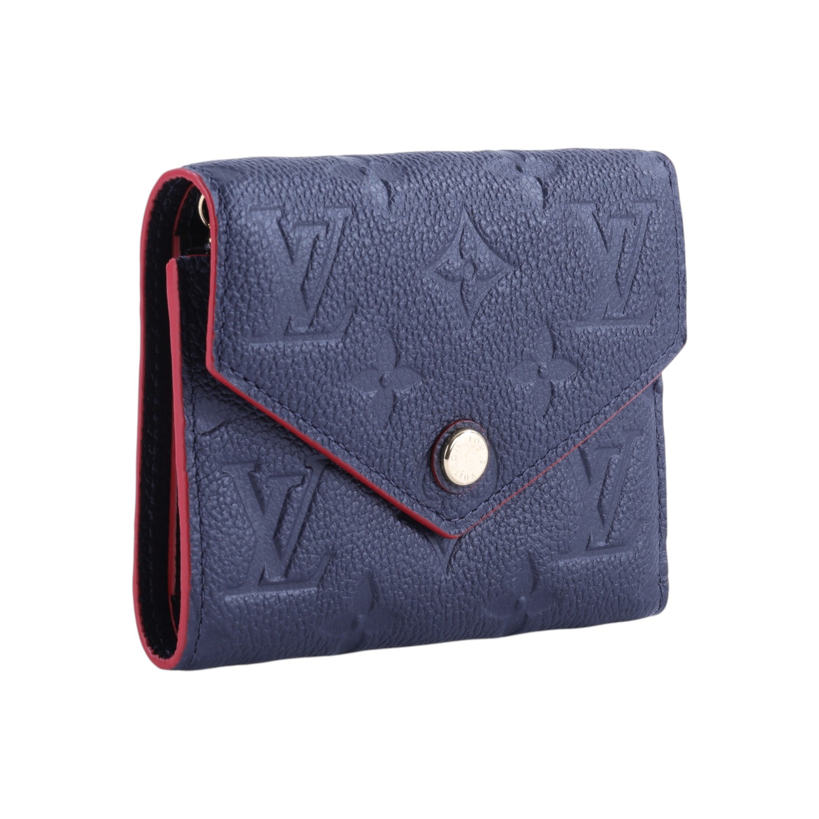 路易威登 LOUIS VUITTON Victorine 壓花皮革 三折暗釦 短夾 海軍藍 紅色 M64577 晶片款  防塵袋/原廠盒子