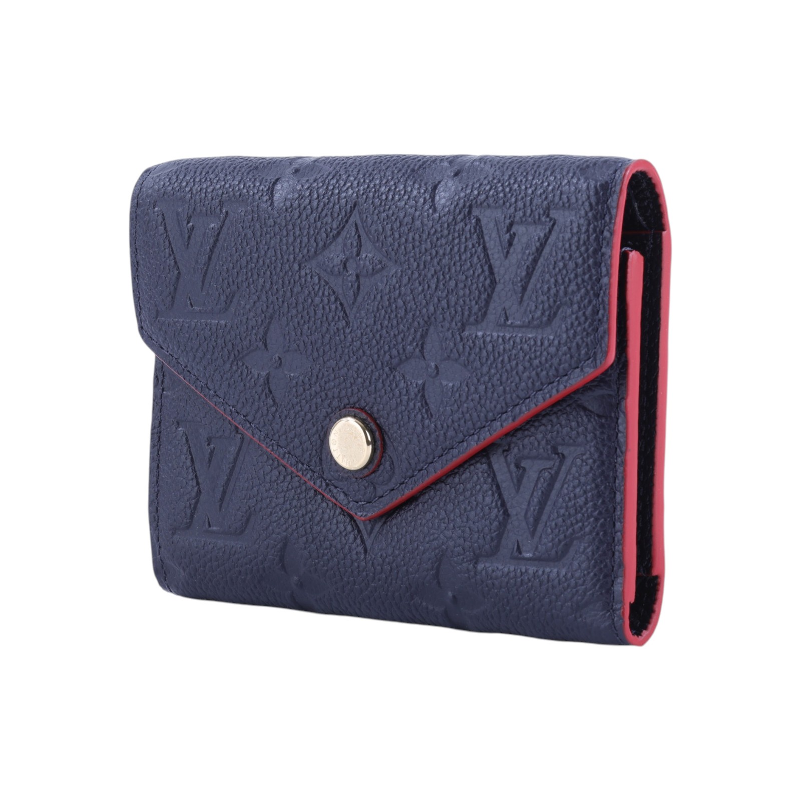 路易威登 LOUIS VUITTON Victorine 壓花皮革 三折暗釦 短夾 海軍藍 紅色 M64577 晶片款  防塵袋/原廠盒子