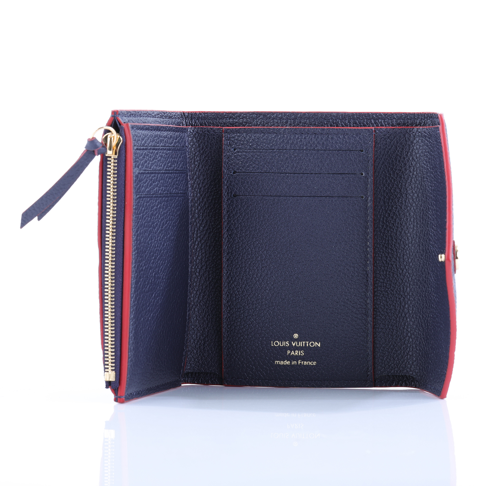 路易威登 LOUIS VUITTON Victorine 壓花皮革 三折暗釦 短夾 海軍藍 紅色 M64577 晶片款  防塵袋/原廠盒子