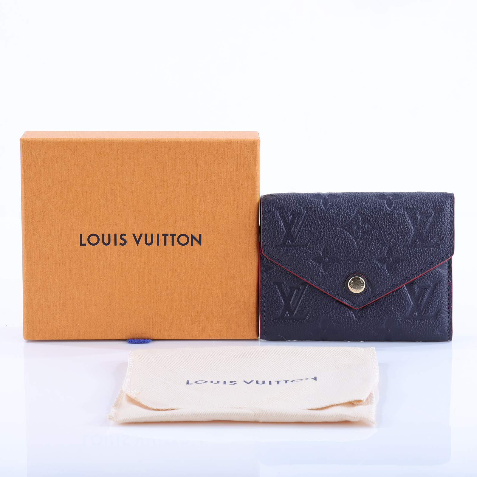 路易威登 LOUIS VUITTON Victorine 壓花皮革 三折暗釦 短夾 海軍藍 紅色 M64577 晶片款  防塵袋/原廠盒子