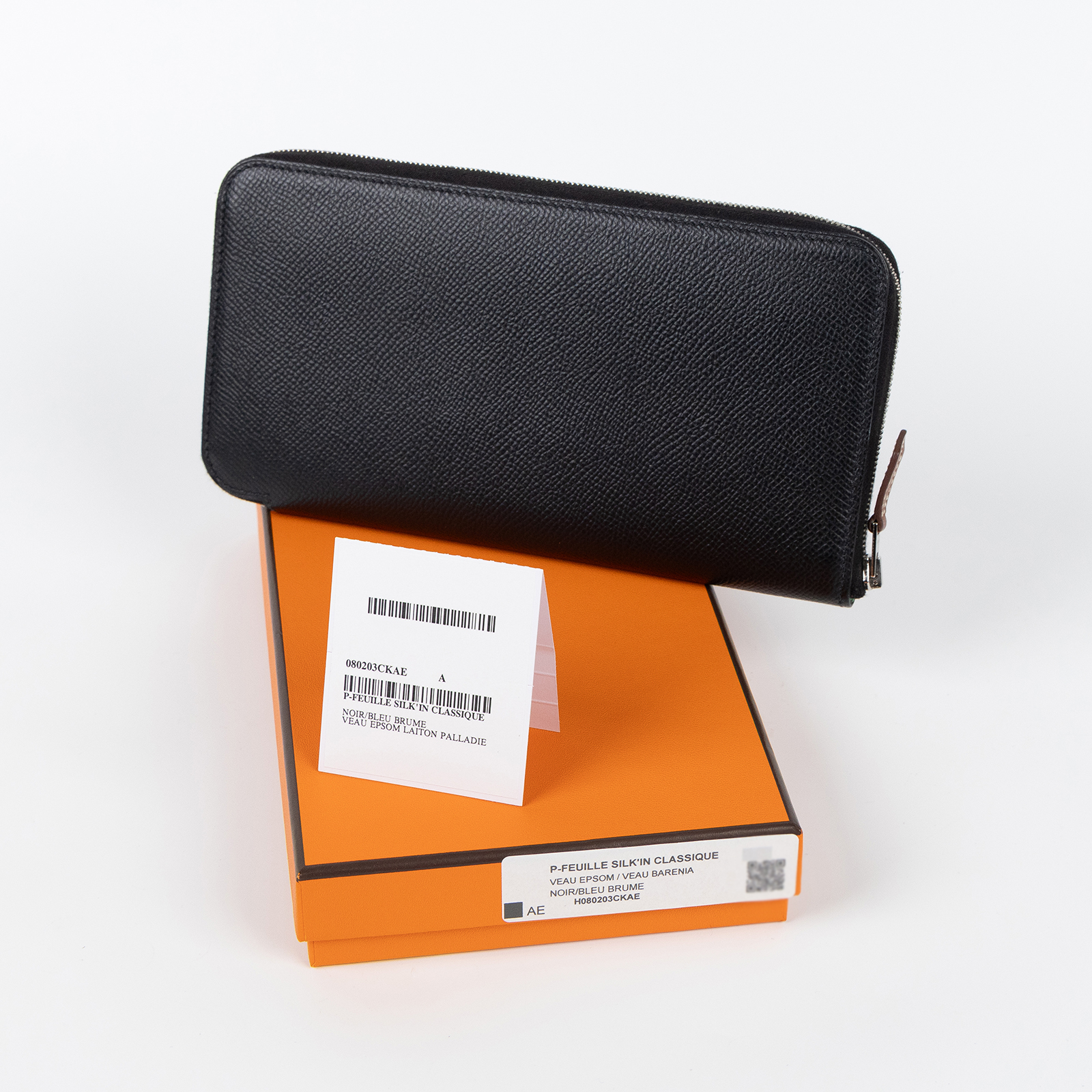 愛馬仕 Hermes SilkIn 拉鍊 長夾 錢包 銀色五金 黑色 霧藍色 H080203CKAE /Y TS 005 AU  原廠盒子