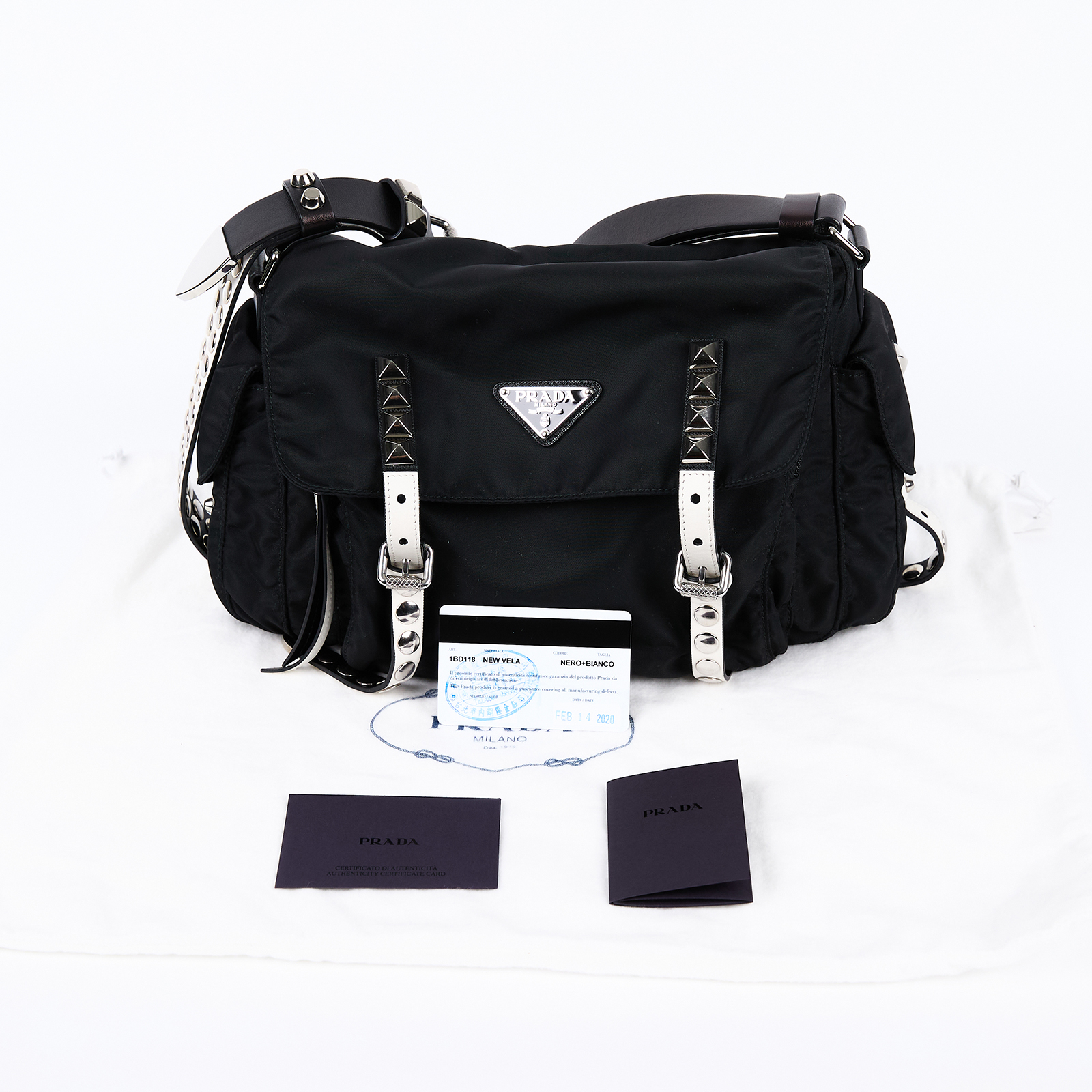 普拉達 PRADA Nylon 郵差包 1BD118_2BYB 黑尼龍鉚釘斜背包 防塵袋/保證卡