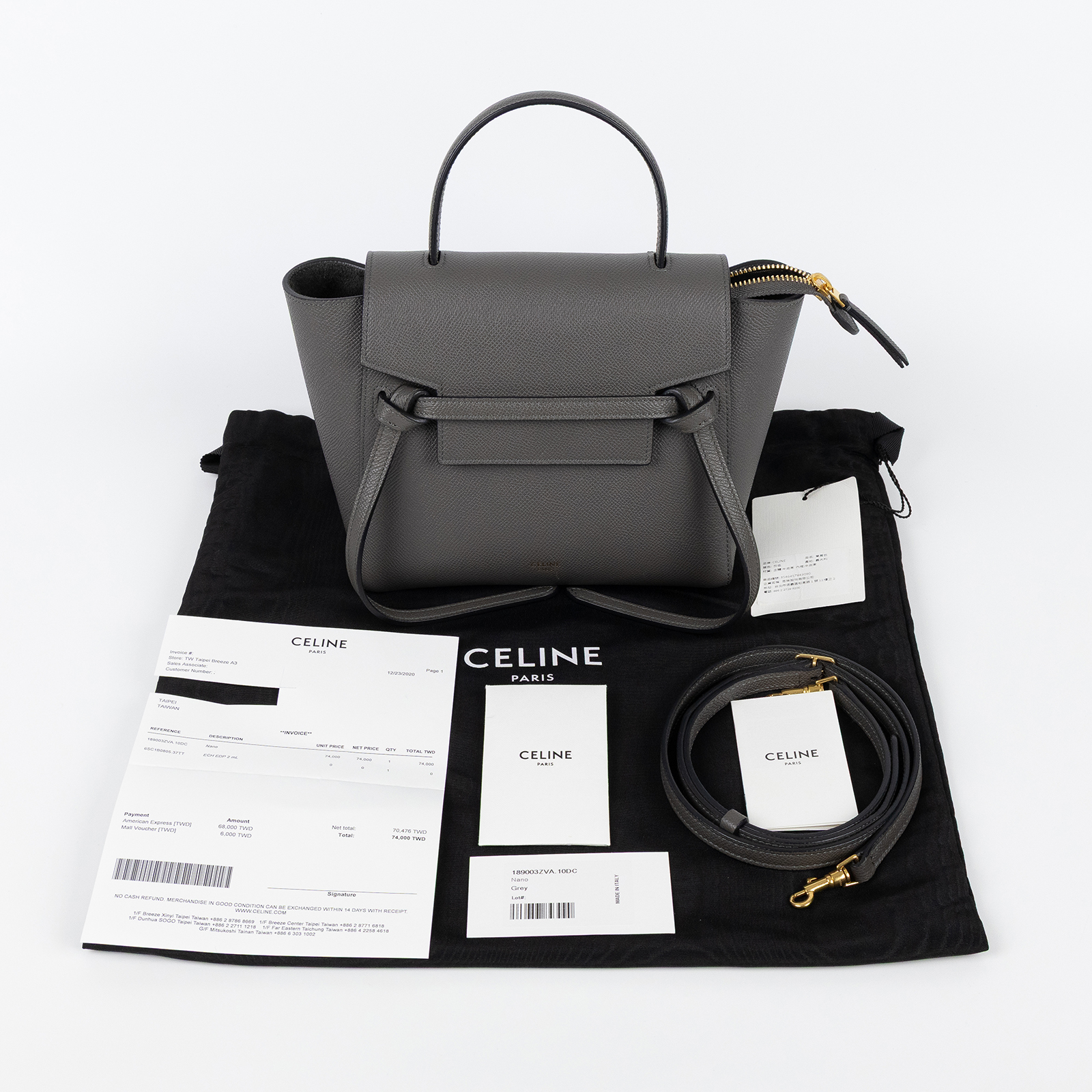 思琳 CELINE 珠地小牛皮 袖珍型 Belt 手袋 189003ZVA 鐵灰BELT鯰魚包 NANO 防塵袋/台灣購買證明/背帶