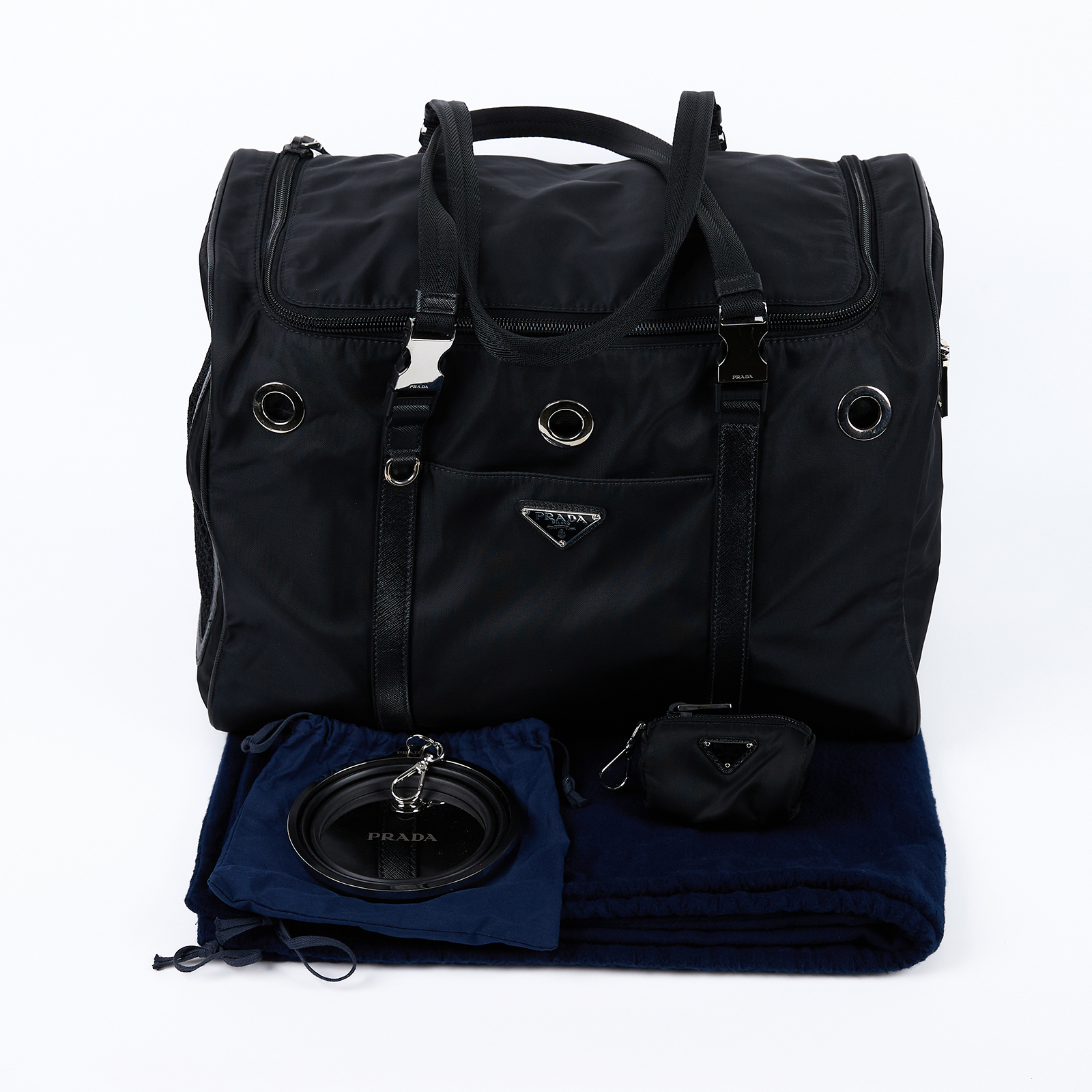 普拉達 PRADA 寵物袋 Re-Nylon Saffiano 皮革 2VC968_2DMT 黑尼龍多功能寵物提袋 防塵袋/背帶/小包