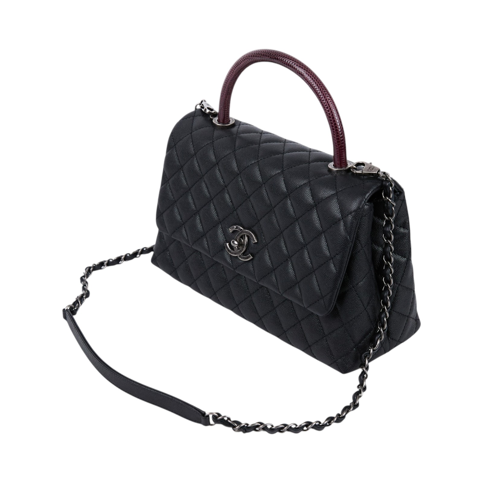 香奈兒 CHANEL Handle 29 手提 口蓋包 A92991 Y60944 23開黑銀荔枝蜥蜴提把COCO HANDLE LARGE 原廠盒子/防塵袋/保證卡/香港購買證明