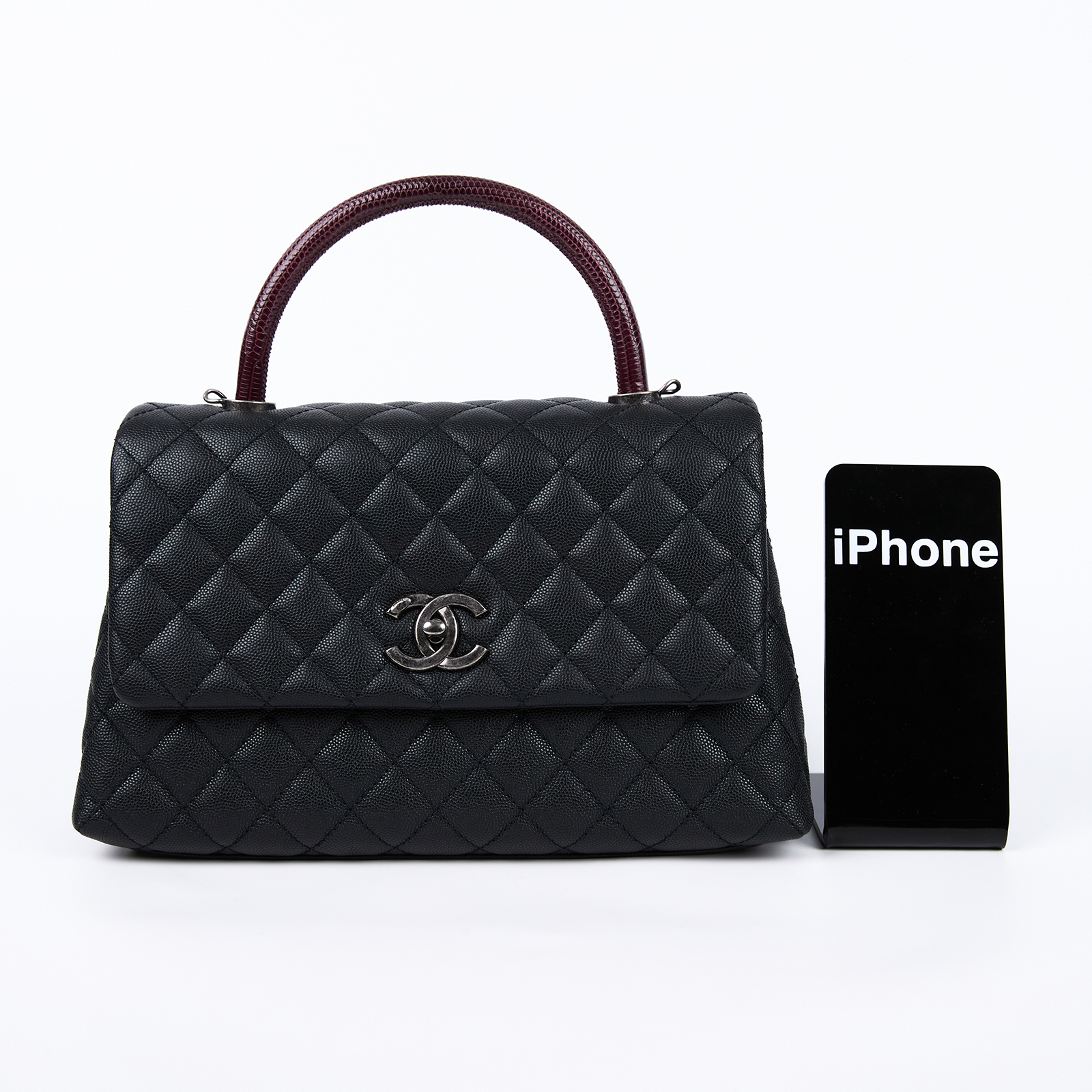 香奈兒 CHANEL Handle 29 手提 口蓋包 A92991 Y60944 23開黑銀荔枝蜥蜴提把COCO HANDLE LARGE 原廠盒子/防塵袋/保證卡/香港購買證明