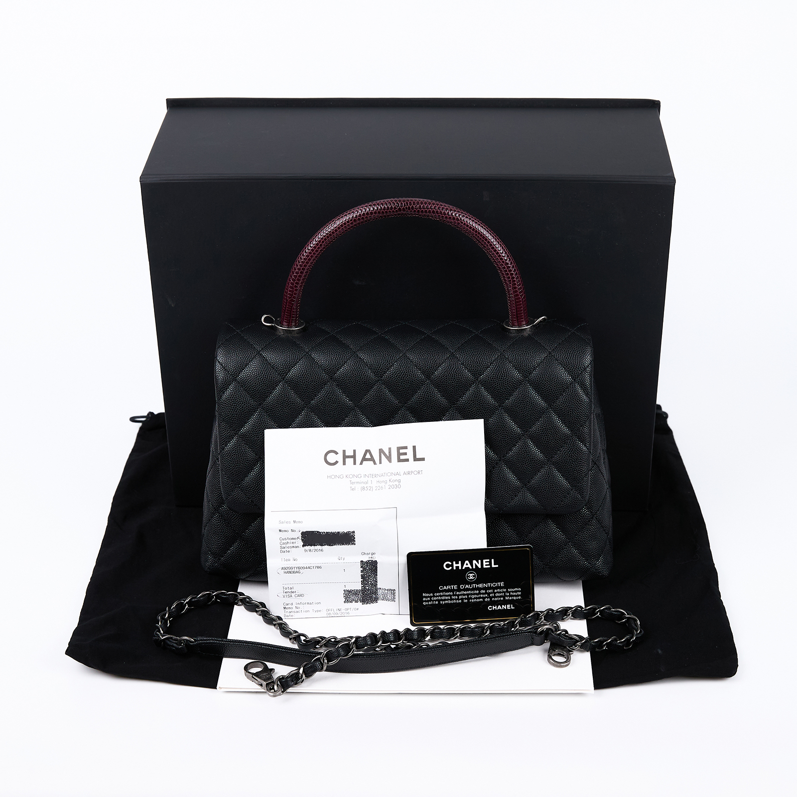 香奈兒 CHANEL Handle 29 手提 口蓋包 A92991 Y60944 23開黑銀荔枝蜥蜴提把COCO HANDLE LARGE 原廠盒子/防塵袋/保證卡/香港購買證明