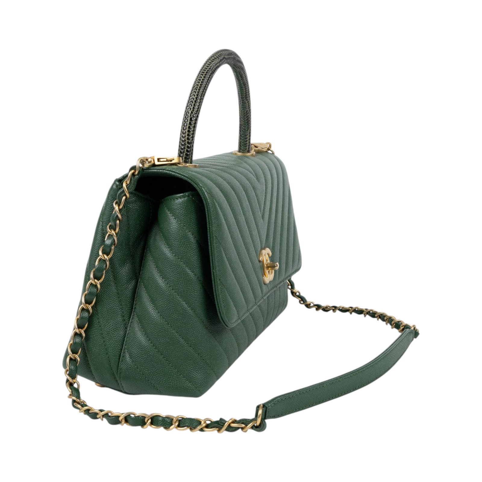香奈兒 CHANEL COCO Handle 手提包 斜背包 口蓋包  25開綠金荔枝山型紋蜥蜴把手COCO HANDLE28 原廠盒子/防塵袋/瀕臨絕種野生動植物國際貿易公約影本/保證卡/背帶