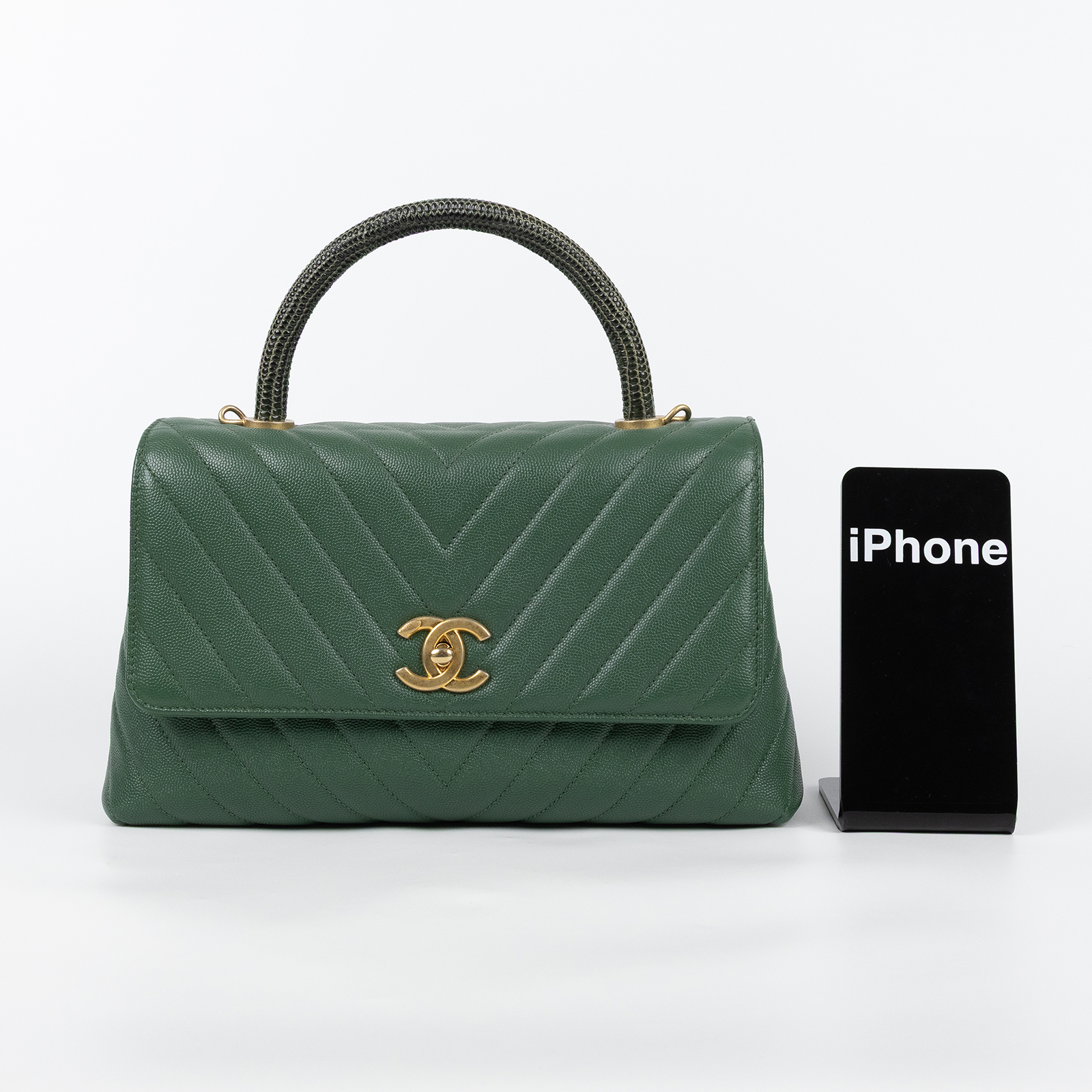 香奈兒 CHANEL COCO Handle 手提包 斜背包 口蓋包  25開綠金荔枝山型紋蜥蜴把手COCO HANDLE28 原廠盒子/防塵袋/瀕臨絕種野生動植物國際貿易公約影本/保證卡/背帶