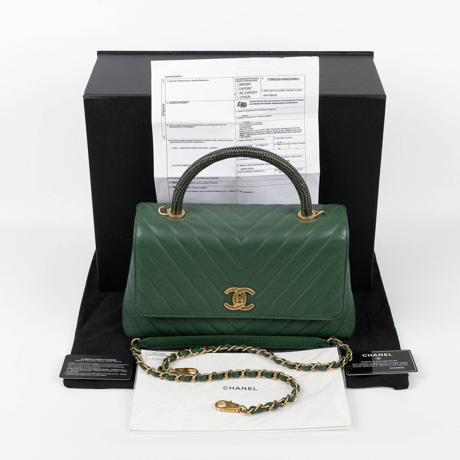 香奈兒 CHANEL COCO Handle 手提包 斜背包 口蓋包  25開綠金荔枝山型紋蜥蜴把手COCO HANDLE28 原廠盒子/防塵袋/瀕臨絕種野生動植物國際貿易公約影本/保證卡/背帶