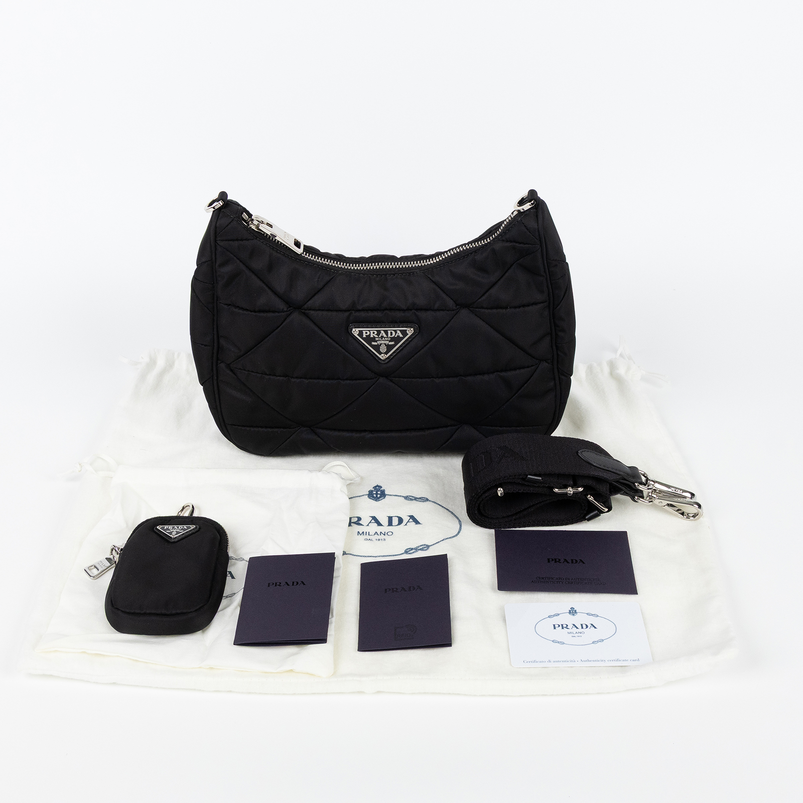 普拉達 PRADA Re-Nylon 單肩 斜胯包 1BC151_RDJN 黑尼龍三角縫HOBO 防塵袋/內袋/背帶/保證卡