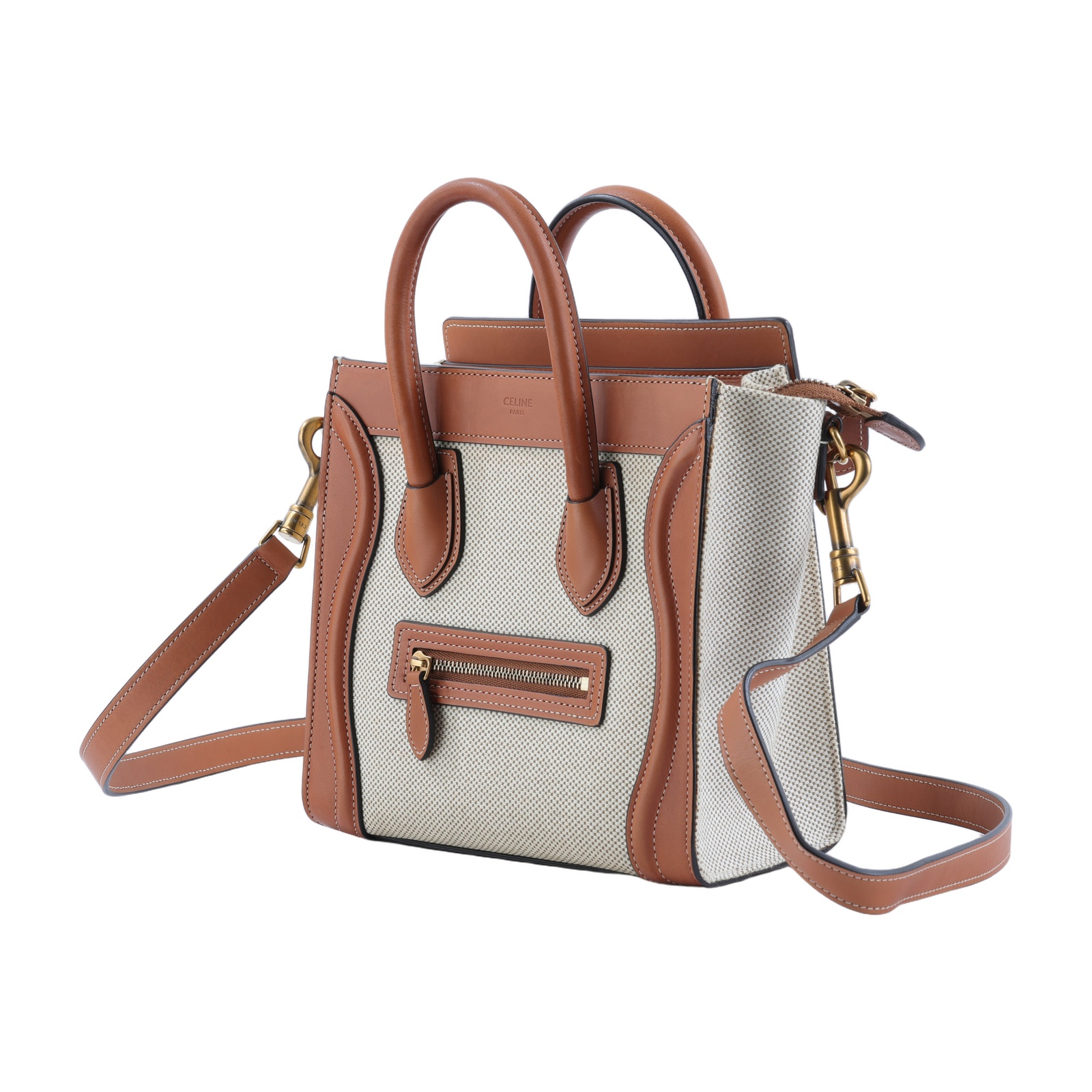 思琳 CELINE Luggage 手袋 袖珍型 189242CIO 帆布拚焦糖LUGGAGE NANO 防塵袋/背帶