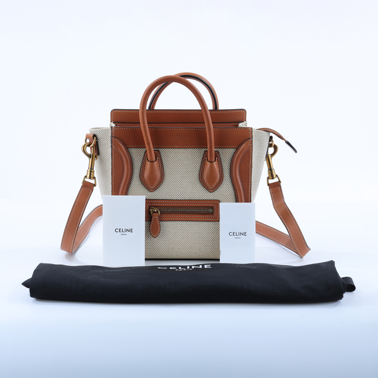 思琳 CELINE Luggage 手袋 袖珍型 189242CIO 帆布拚焦糖LUGGAGE NANO 防塵袋/背帶