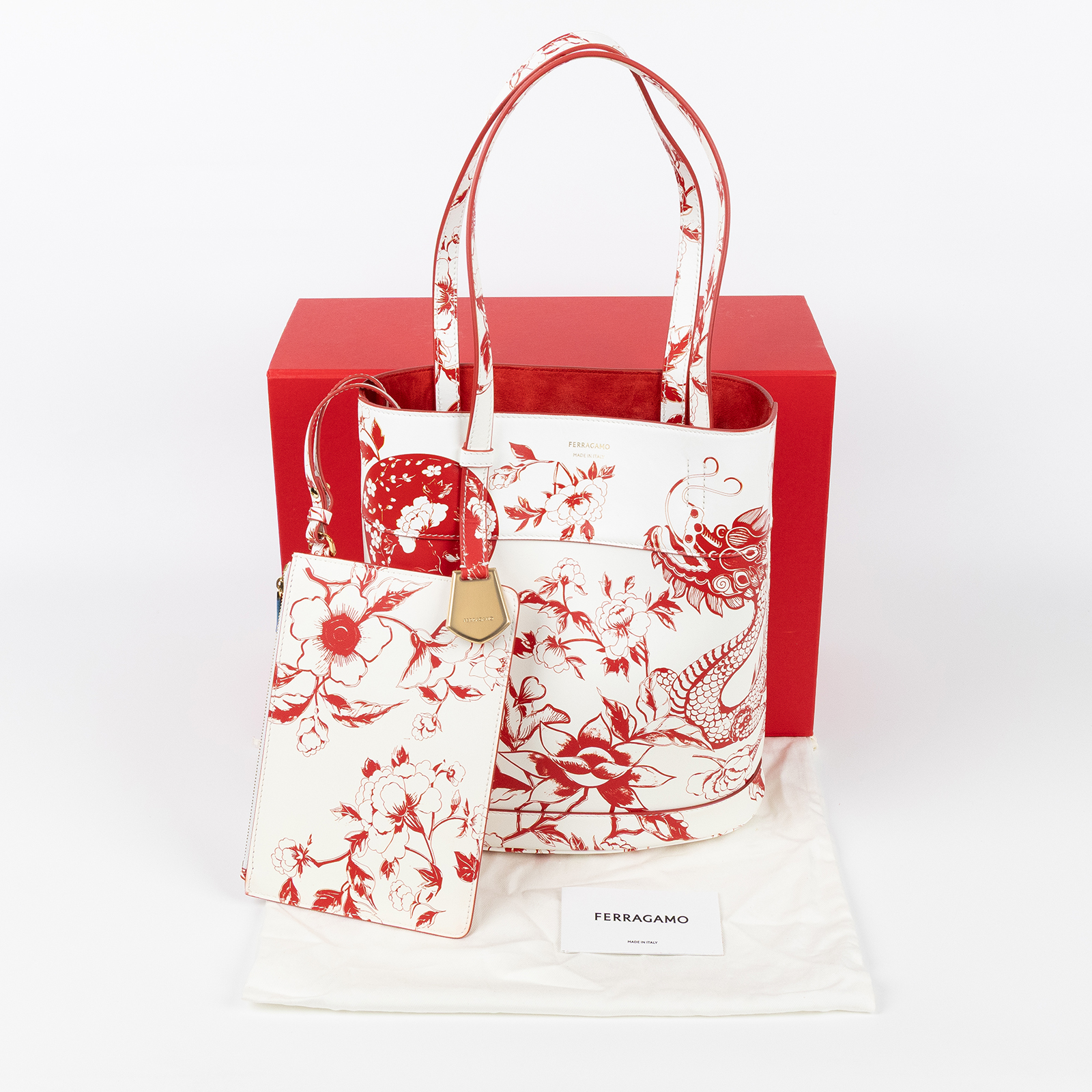 菲拉格慕 SALVATORE FERRAGAMO 肩背包 水桶包  白色龍年托特包 防塵袋/原廠盒子/內袋