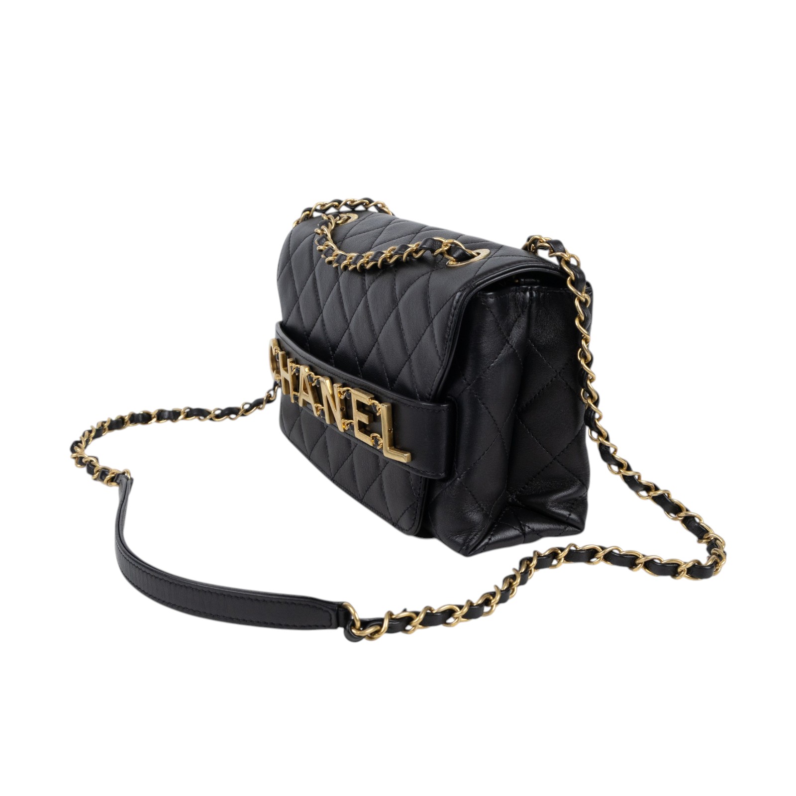 香奈兒 CHANEL 菱格紋 大LOGO 肩背 口蓋包 AS1490 29開黑金字母皮穿鍊包 防塵袋/保證卡