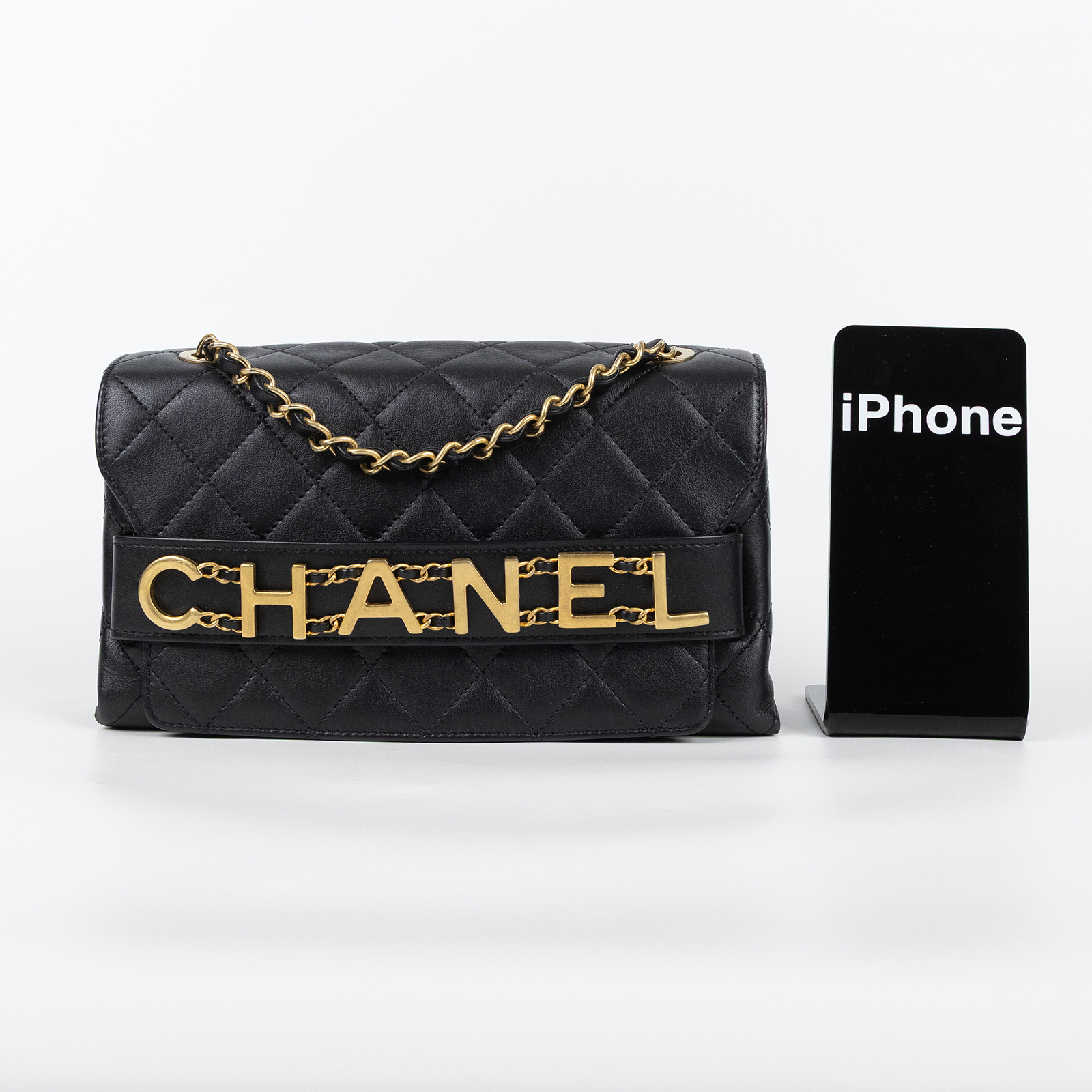 香奈兒 CHANEL 菱格紋 大LOGO 肩背 口蓋包 AS1490 29開黑金字母皮穿鍊包 防塵袋/保證卡