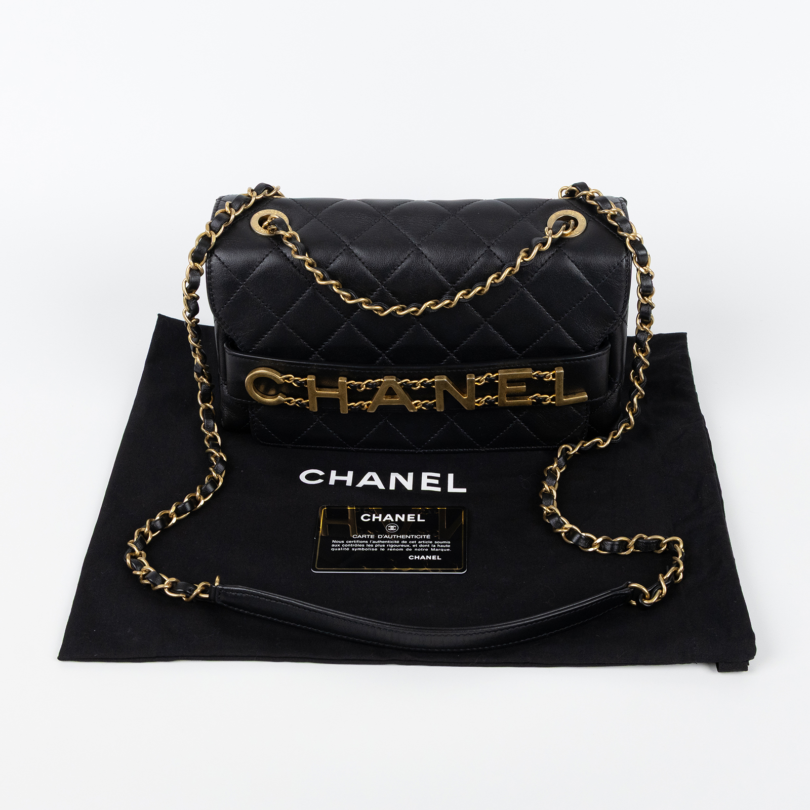 香奈兒 CHANEL 菱格紋 大LOGO 肩背 口蓋包 AS1490 29開黑金字母皮穿鍊包 防塵袋/保證卡