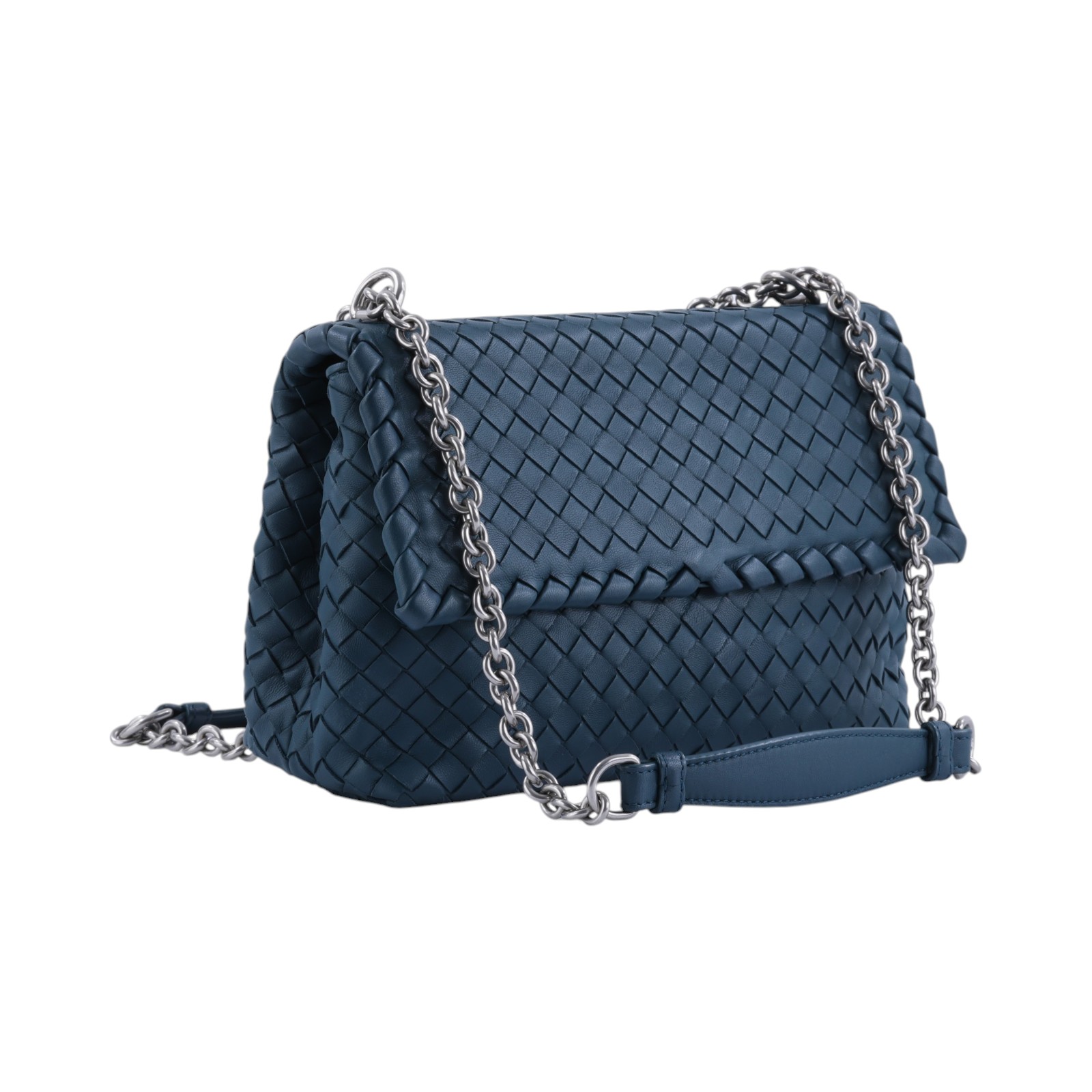 寶緹嘉 BOTTEGA VENETA Olimpia Small 羊羔皮編織翻蓋斜背包 386498VO0AD 藍綠編織掀蓋鍊包 防塵袋/鏡子