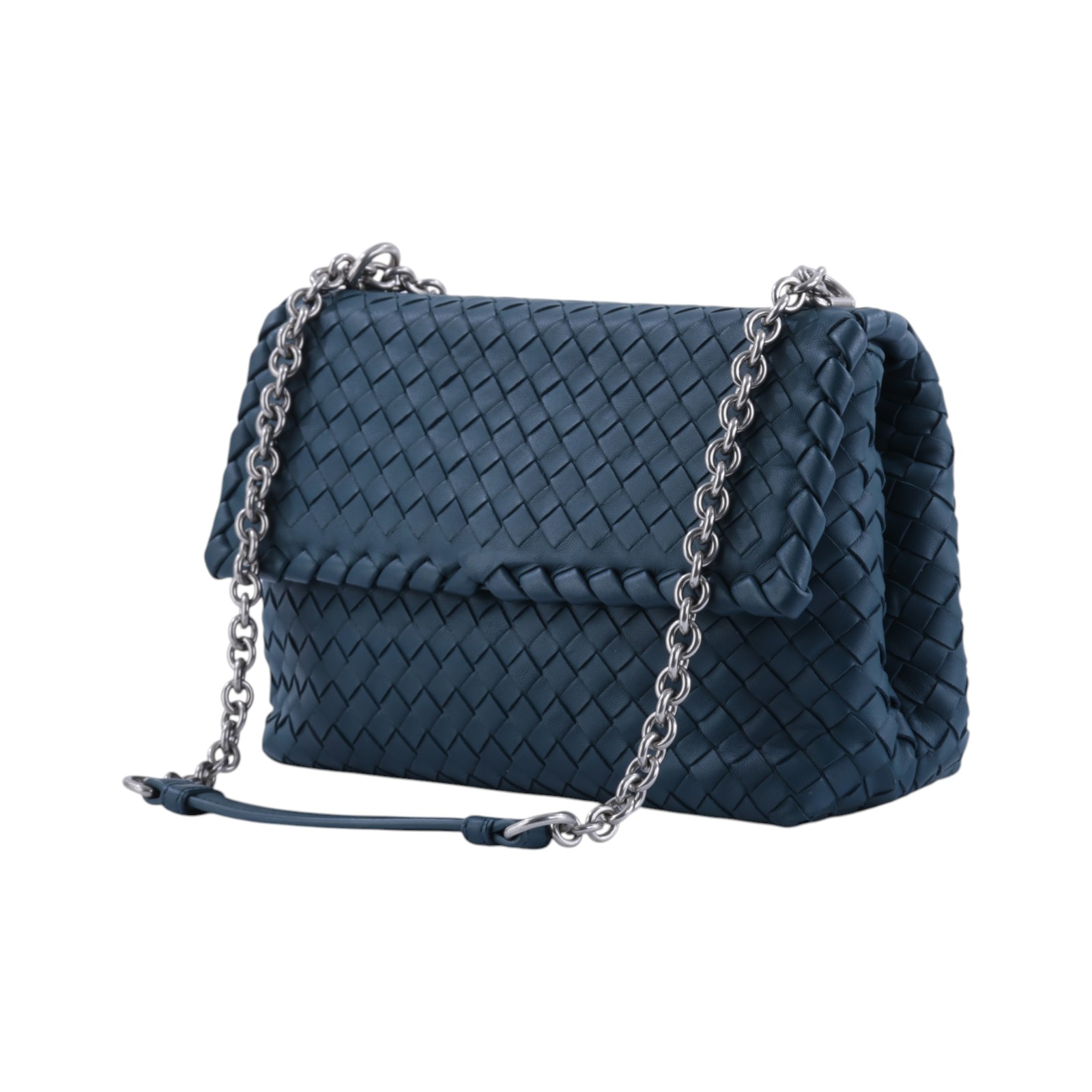 寶緹嘉 BOTTEGA VENETA Olimpia Small 羊羔皮編織翻蓋斜背包 386498VO0AD 藍綠編織掀蓋鍊包 防塵袋/鏡子
