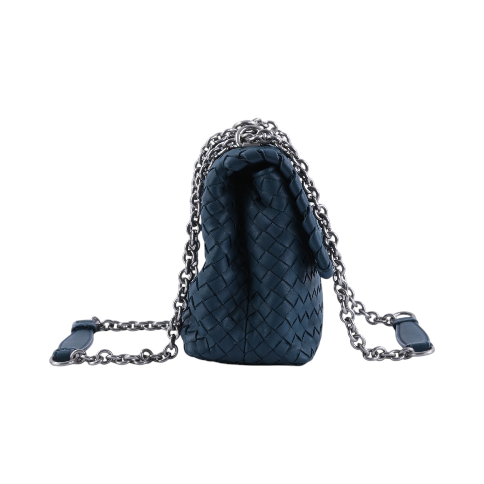 寶緹嘉 BOTTEGA VENETA Olimpia Small 羊羔皮編織翻蓋斜背包 386498VO0AD 藍綠編織掀蓋鍊包 防塵袋/鏡子
