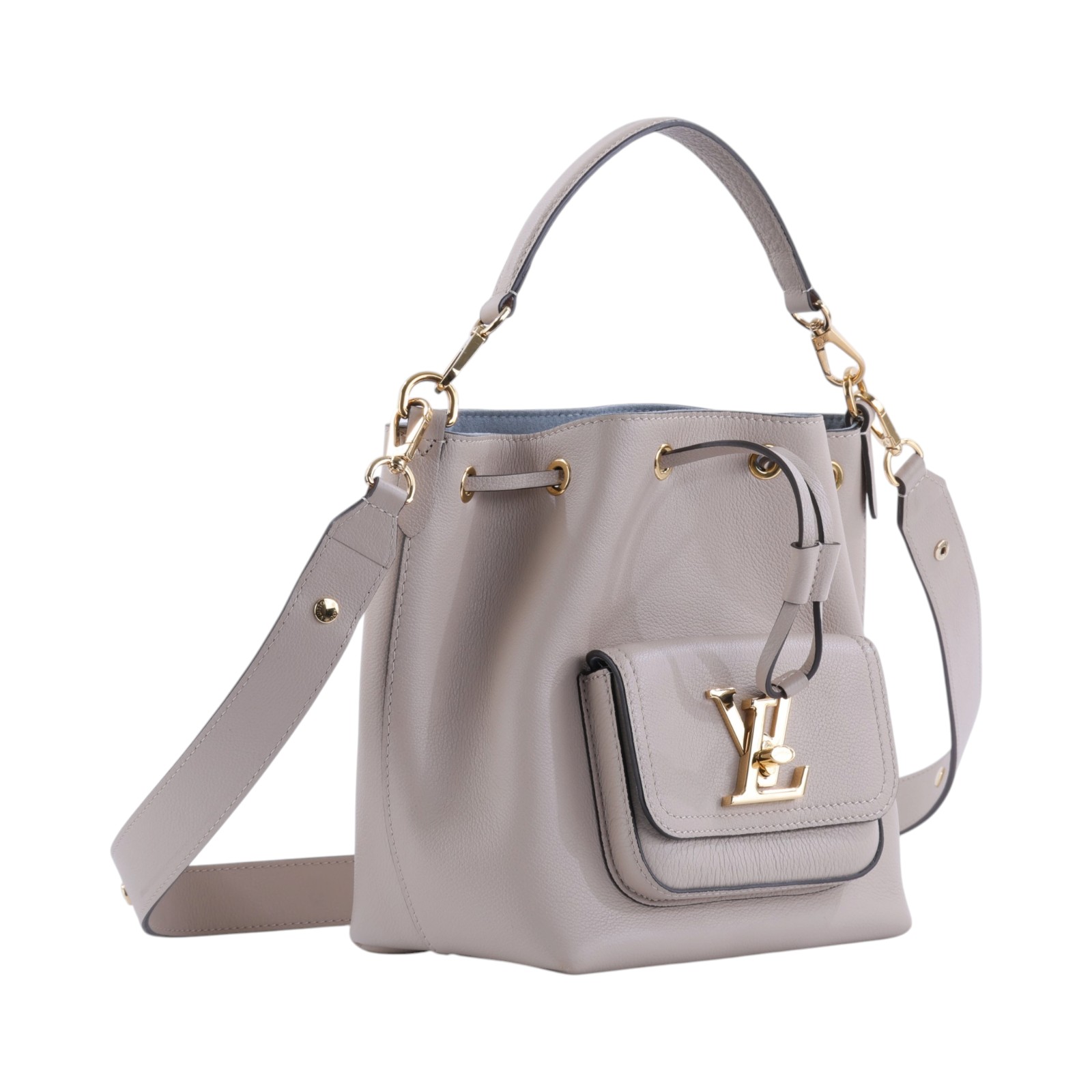 路易威登 LOUIS VUITTON Lockme 水桶包 香檳袋 M57688 晶片款 灰褐色LOCKME水桶包 防塵袋/背帶(晶片消磁)
