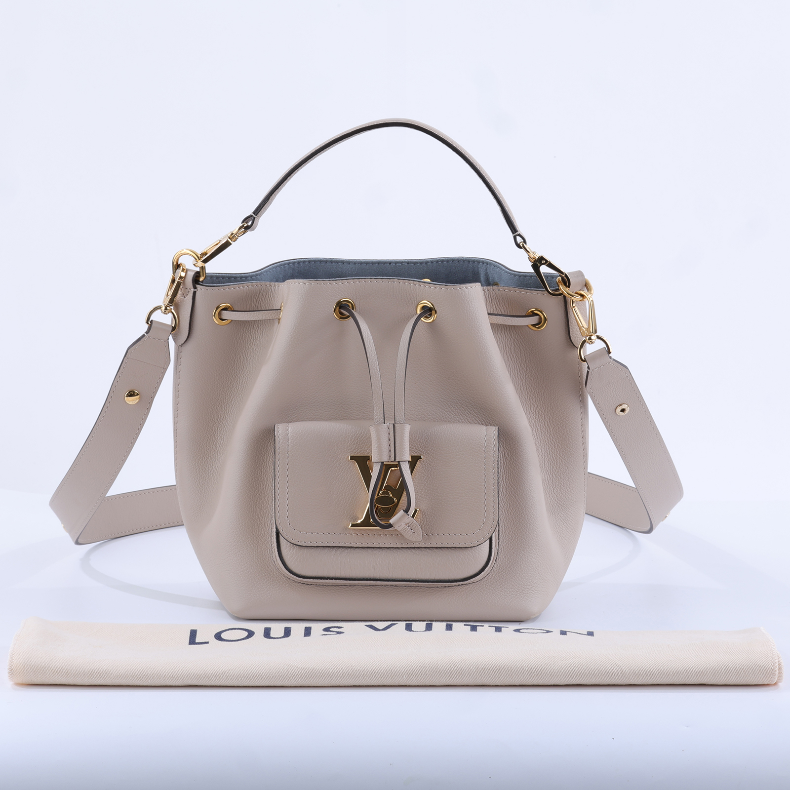 路易威登 LOUIS VUITTON Lockme 水桶包 香檳袋 M57688 晶片款 灰褐色LOCKME水桶包 防塵袋/背帶(晶片消磁)